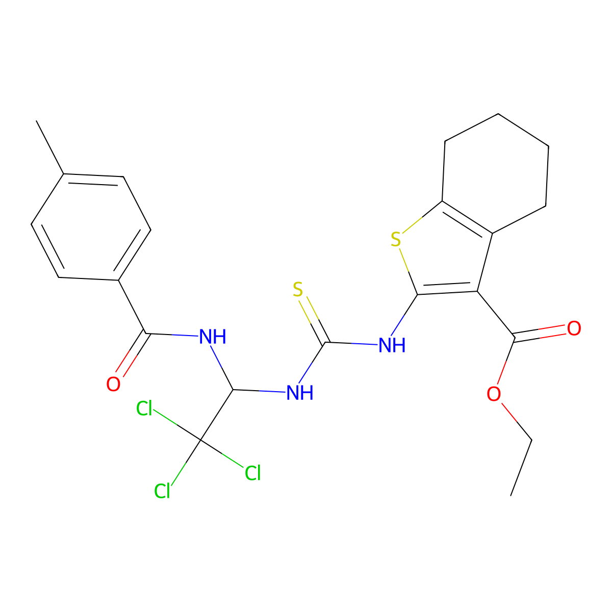 Ethyl 2-(3-(2,2,2-trichloro-1-(4-methylbenzamido)ethyl)thioureido)-4,5,6,7-tetrahydrobenzo[b]thiophene-3-carboxylate molecular structure, CAS 330684-98-5
