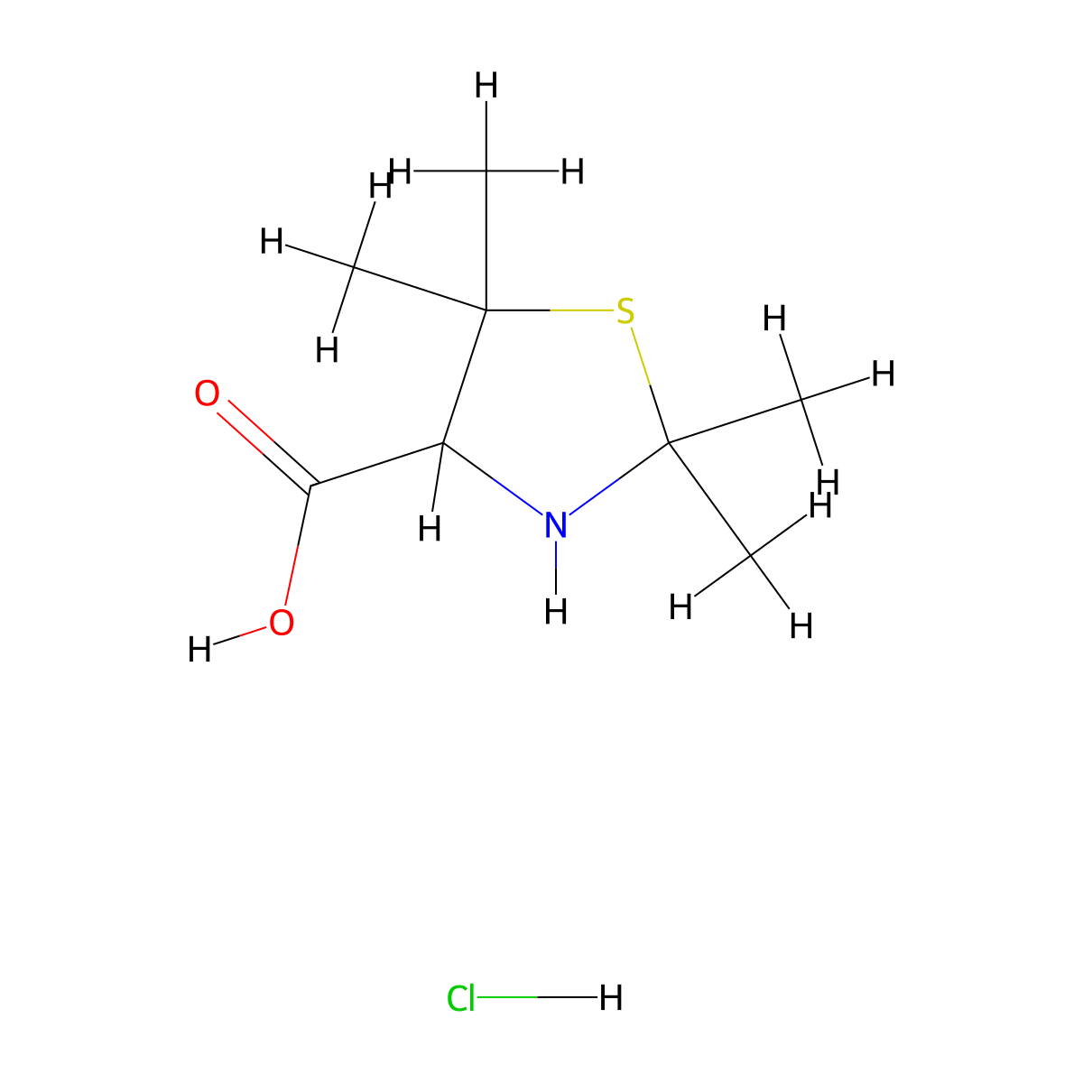 2,2,5,5-Tetramethylthiazolidine-4-carboxylic acid hydrochloride molecular structure, CAS 33078-43-2