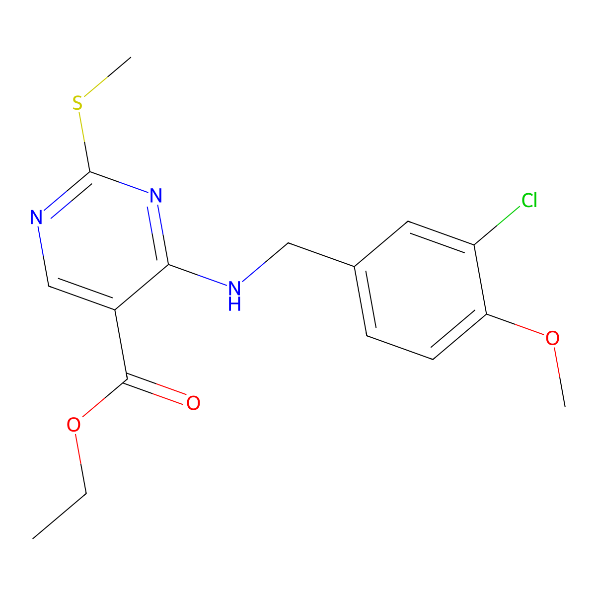 Ethyl 4-((3-chloro-4-methoxybenzyl)amino)-2-(methylsulfanyl)pyrimidine-5-carboxylate molecular structure, CAS 330785-81-4