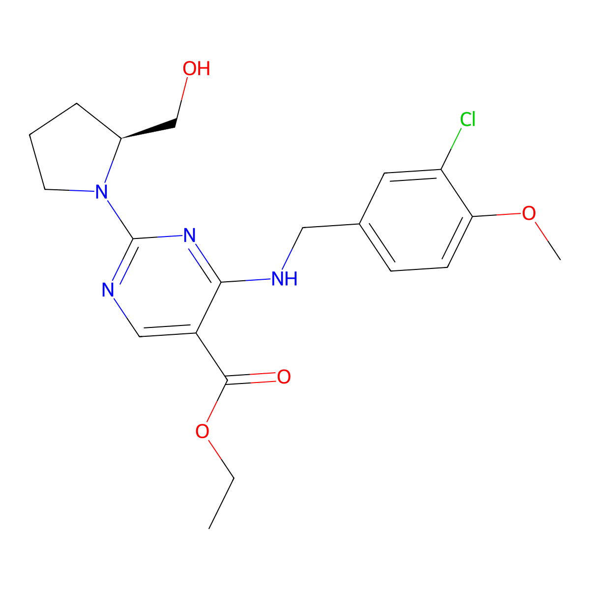 Ethyl 4-((3-chloro-4-methoxy-phenyl)methylamino)-2-((2S)-2-(hydroxymethyl)pyrrolidin-1-yl)pyrimidine-5-carboxylate molecular structure, CAS 330785-83-6