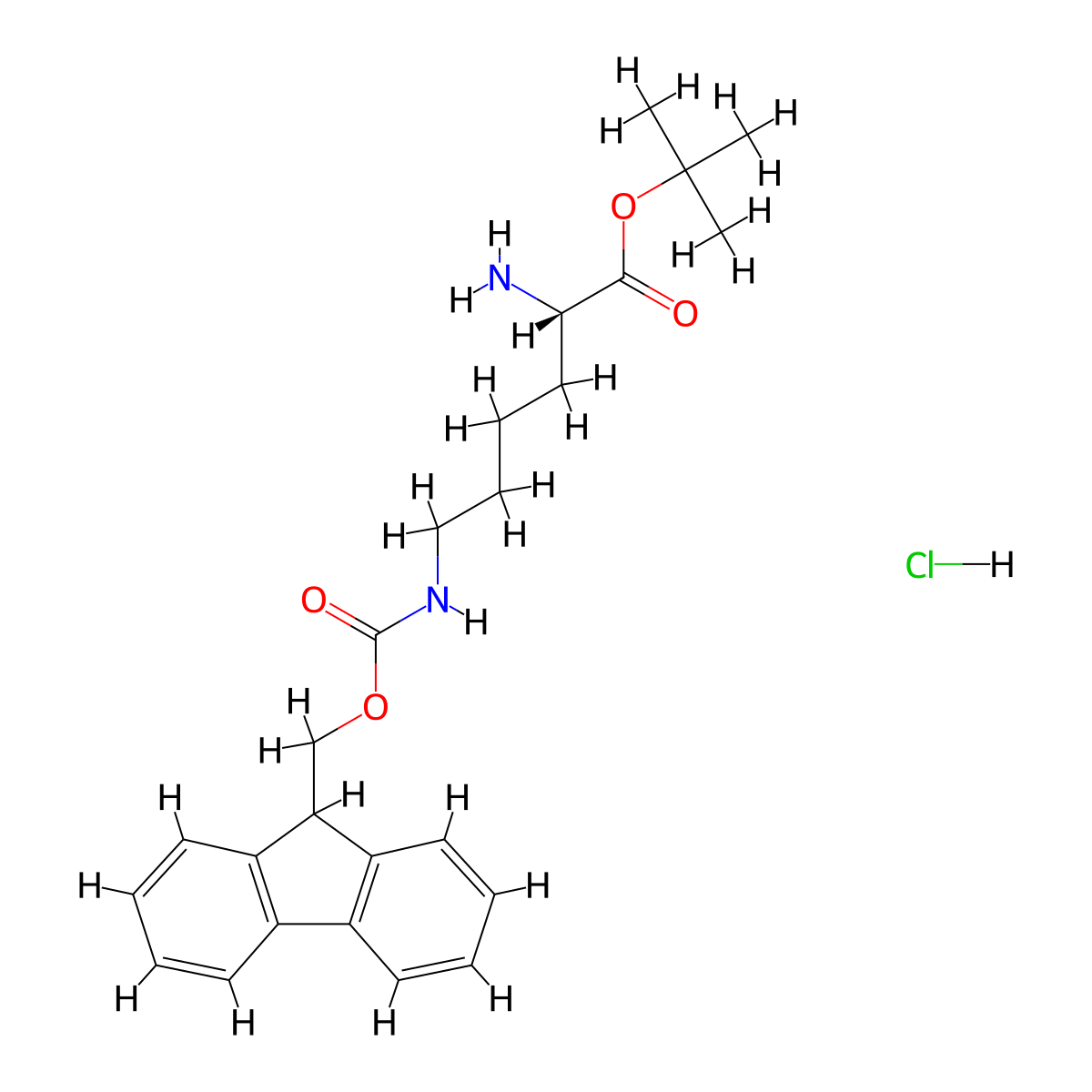(S)-tert-Butyl 6-((((9H-fluoren-9-yl)methoxy)carbonyl)amino)-2-aminohexanoate hydrochloride molecular structure, CAS 330795-57-8