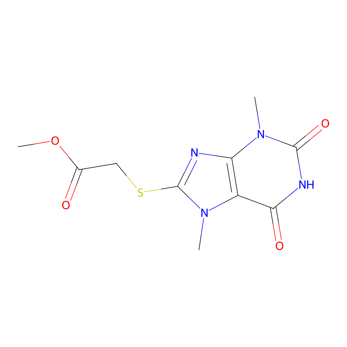 methyl 2-((3,7-dimethyl-2,6-dioxo-2,3,6,7-tetrahydro-1H-purin-8-yl)thio)acetate molecular structure, CAS 330816-63-2