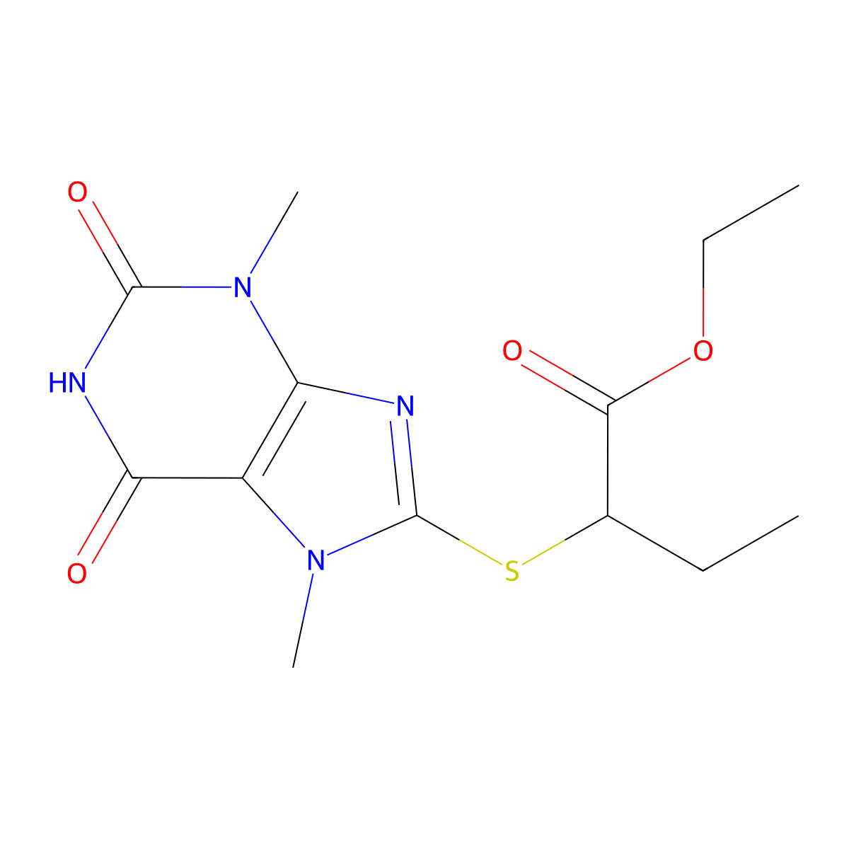 Ethyl 2-(3,7-dimethyl-2,6-dioxopurin-8-yl)sulfanylbutanoate molecular structure, CAS 330816-67-6