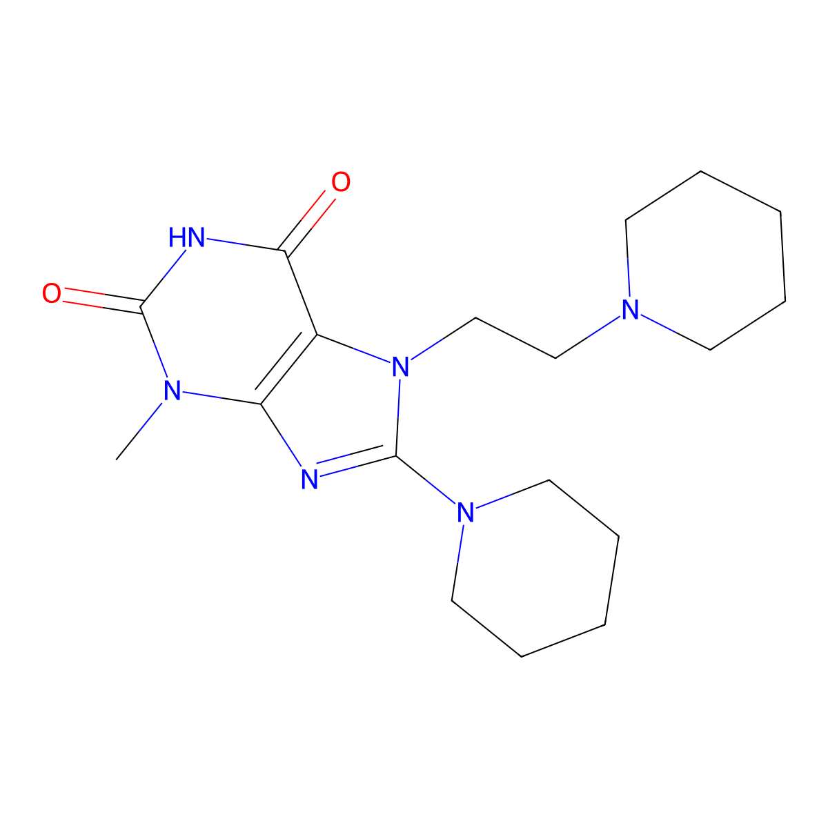 3-methyl-8-(1-piperidinyl)-7-[2-(1-piperidinyl)ethyl]-3,7-dihydro-1H-purine-2,6-dione molecular structure, CAS 330818-23-0