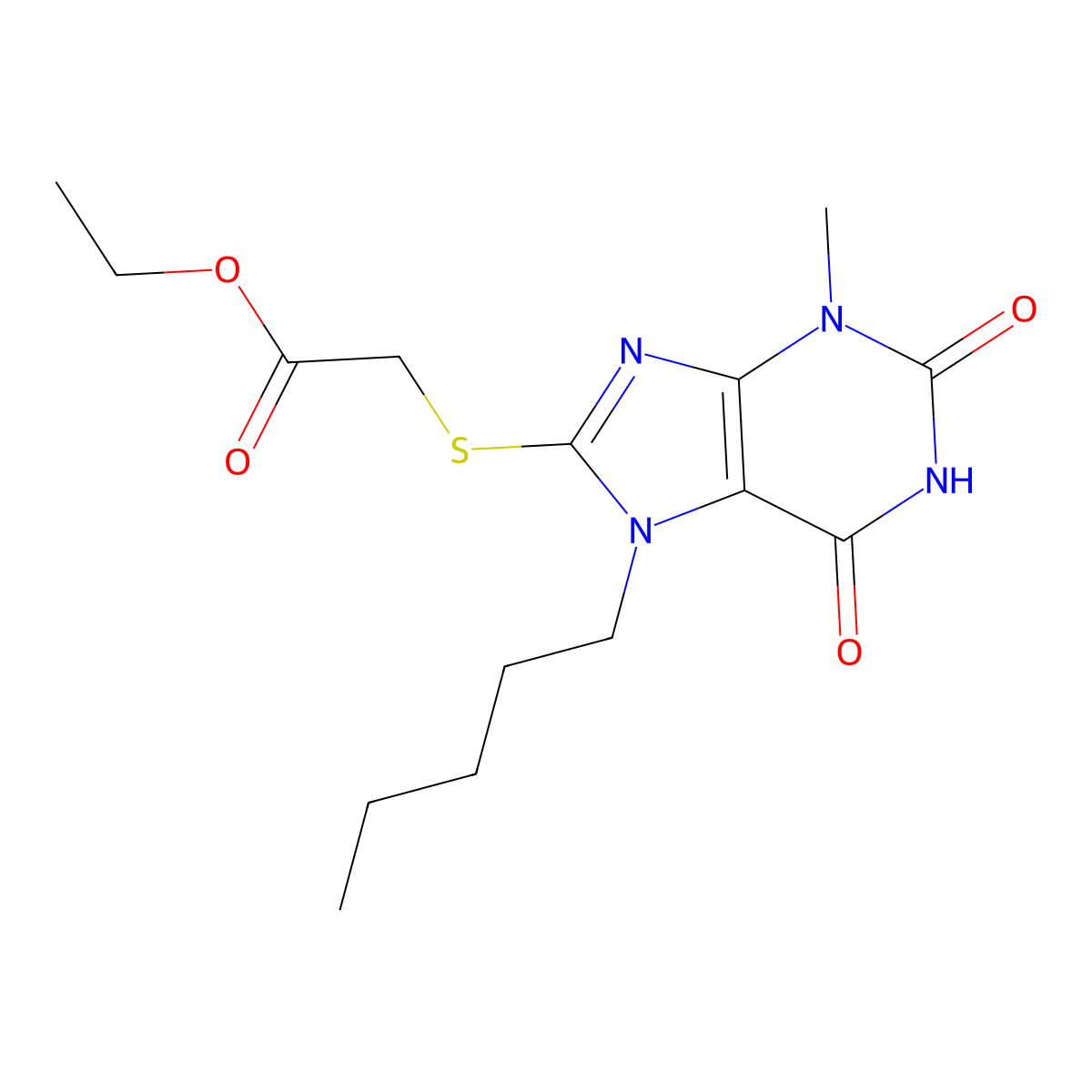 ethyl 2-[(3-methyl-2,6-dioxo-7-pentyl-2,3,6,7-tetrahydro-1H-purin-8-yl)sulfanyl]acetate molecular structure, CAS 330818-31-0