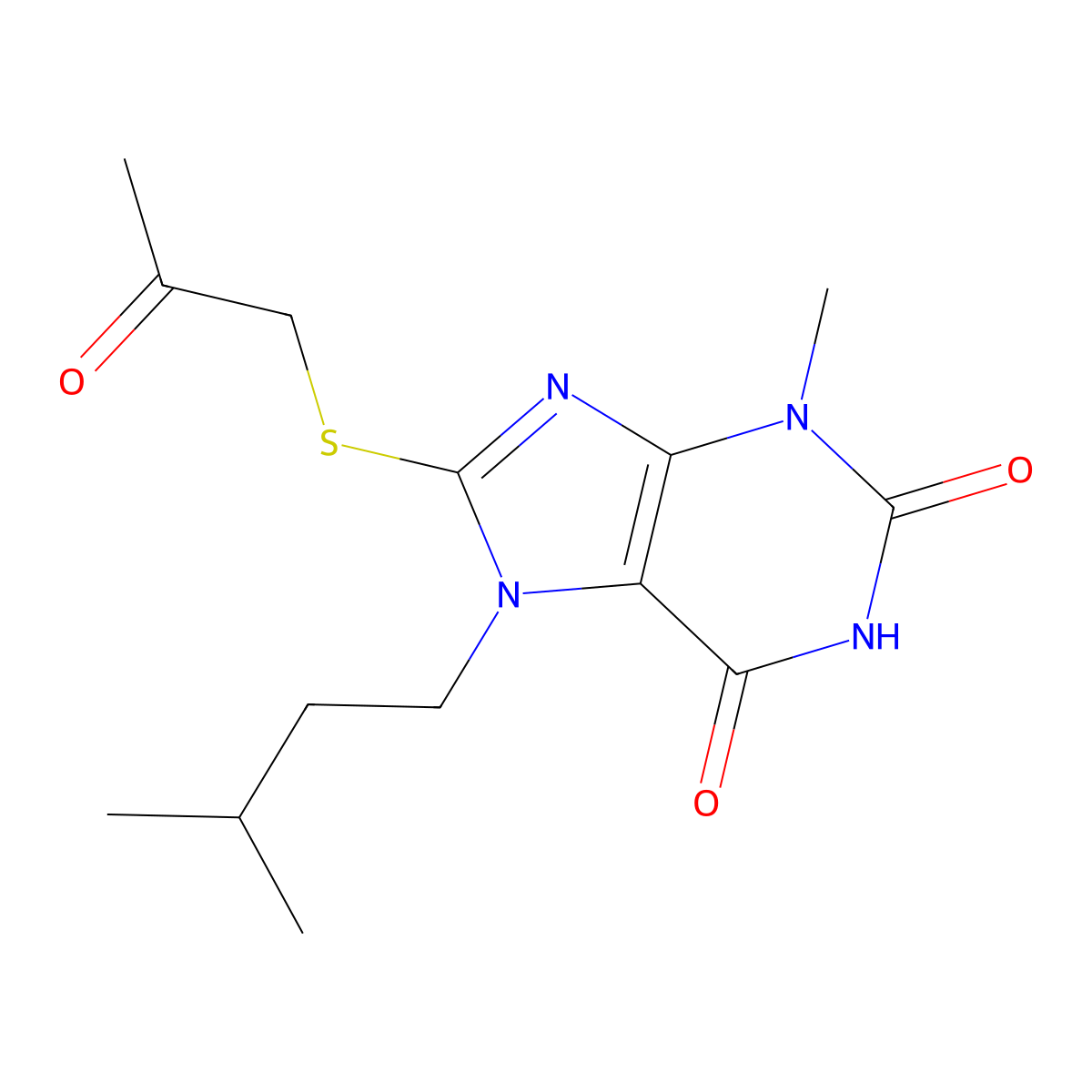 7-isopentyl-3-methyl-8-((2-oxopropyl)thio)-1H-purine-2,6(3H,7H)-dione molecular structure, CAS 330818-35-4
