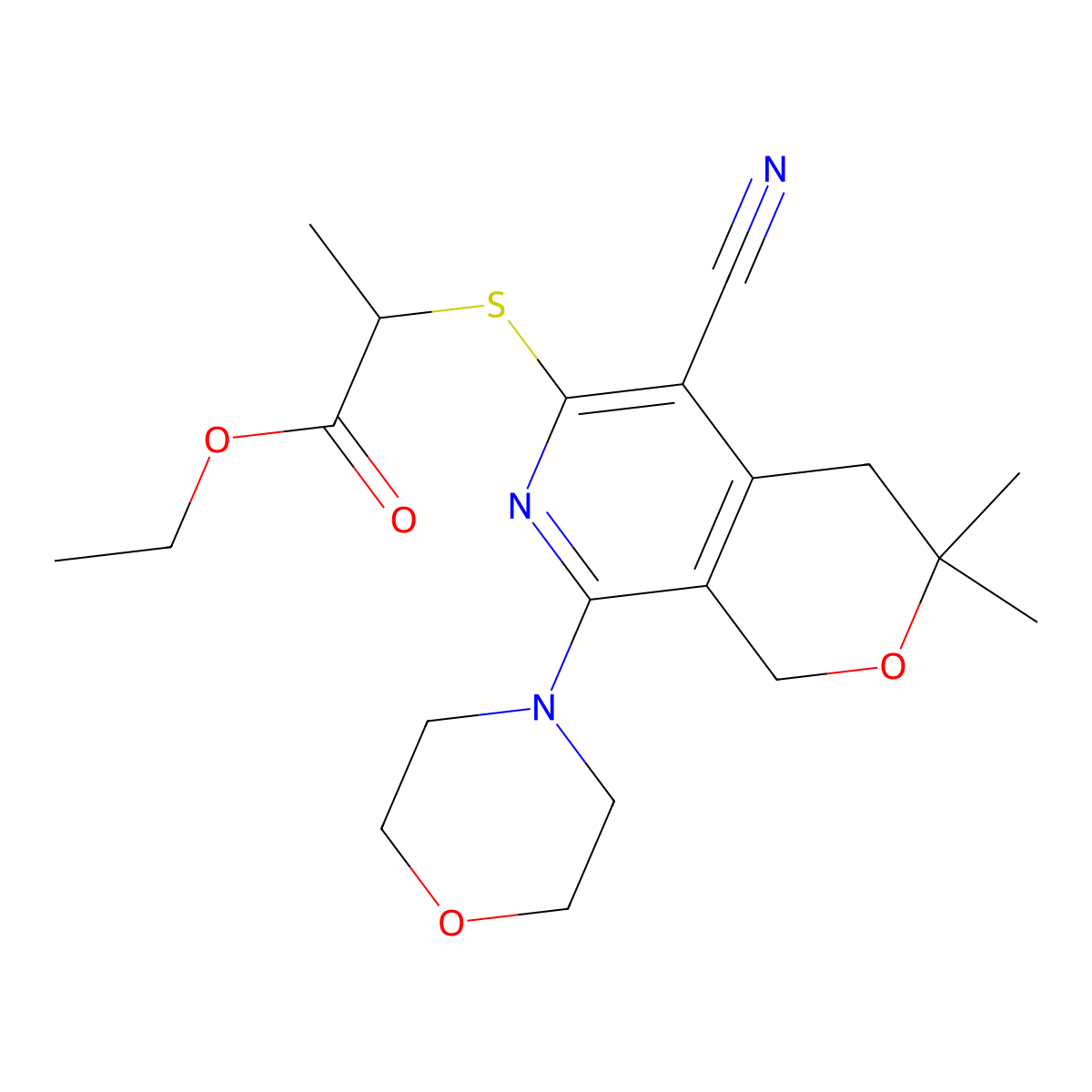 Ethyl 2-[(5-cyano-3,3-dimethyl-8-morpholin-4-yl-1,4-dihydropyrano[3,4-c]pyridin-6-yl)sulfanyl]propanoate molecular structure, CAS 330819-57-3
