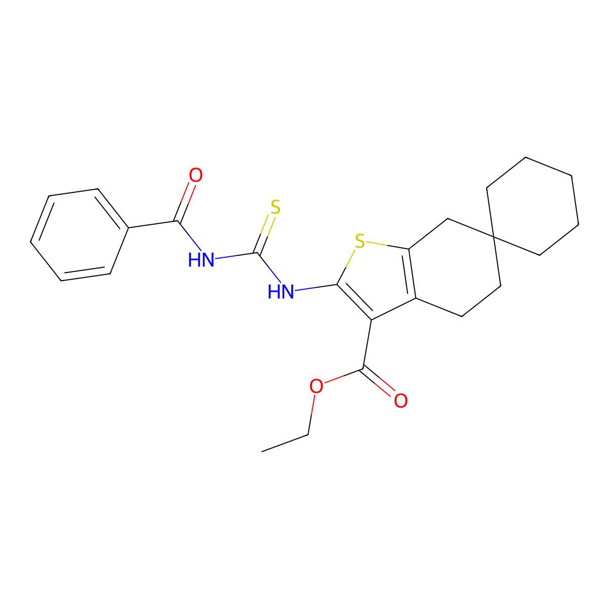 ethyl 2-(benzoylcarbamothioylamino)spiro[5,7-dihydro-4H-1-benzothiophene-6,1'-cyclohexane]-3-carboxylate molecular structure, CAS 330819-70-0