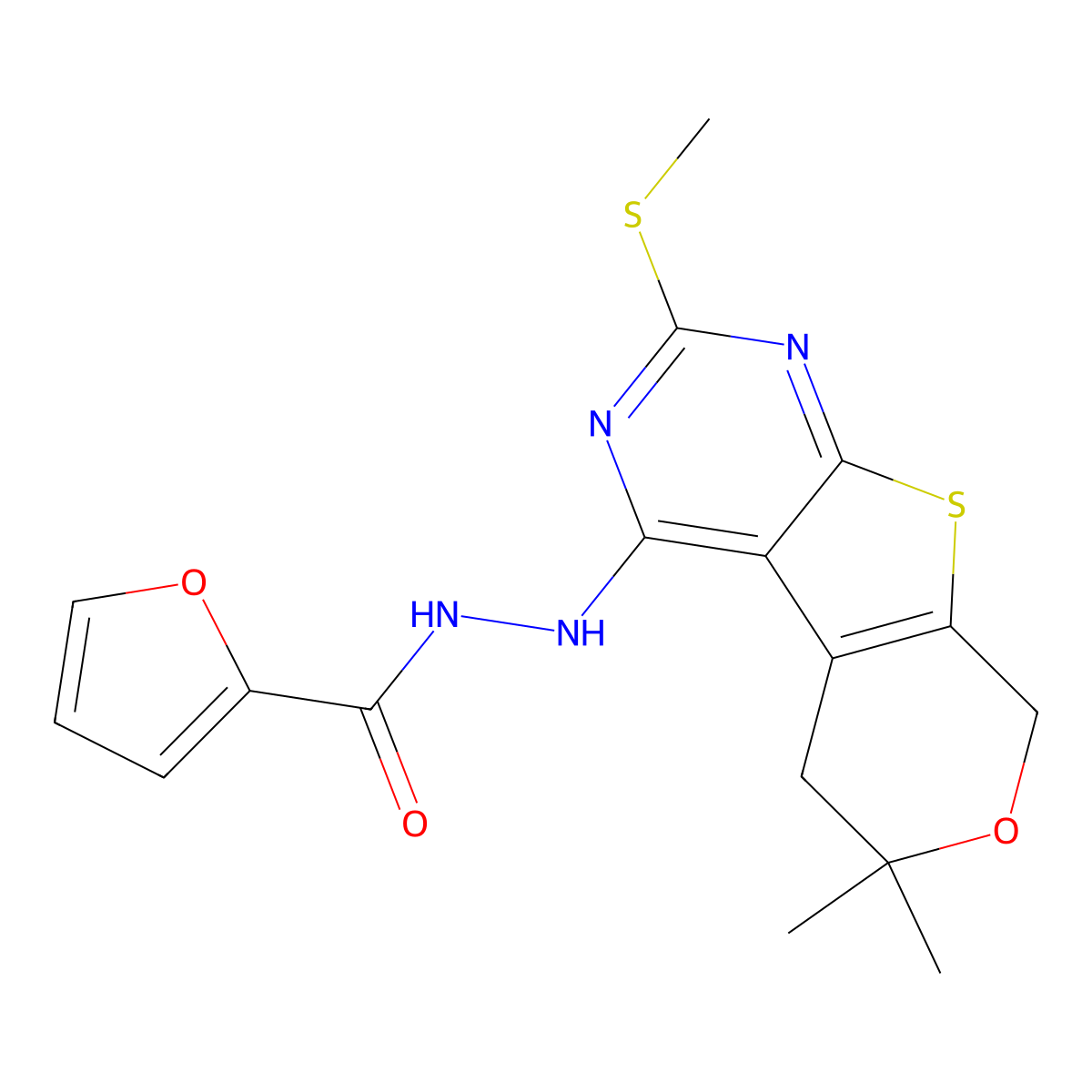 N'-(6,6-dimethyl-2-methylsulfanyl-5,8-dihydropyrano[4,5]thieno[1,2-c]pyrimidin-4-yl)furan-2-carbohydrazide molecular structure, CAS 330819-95-9