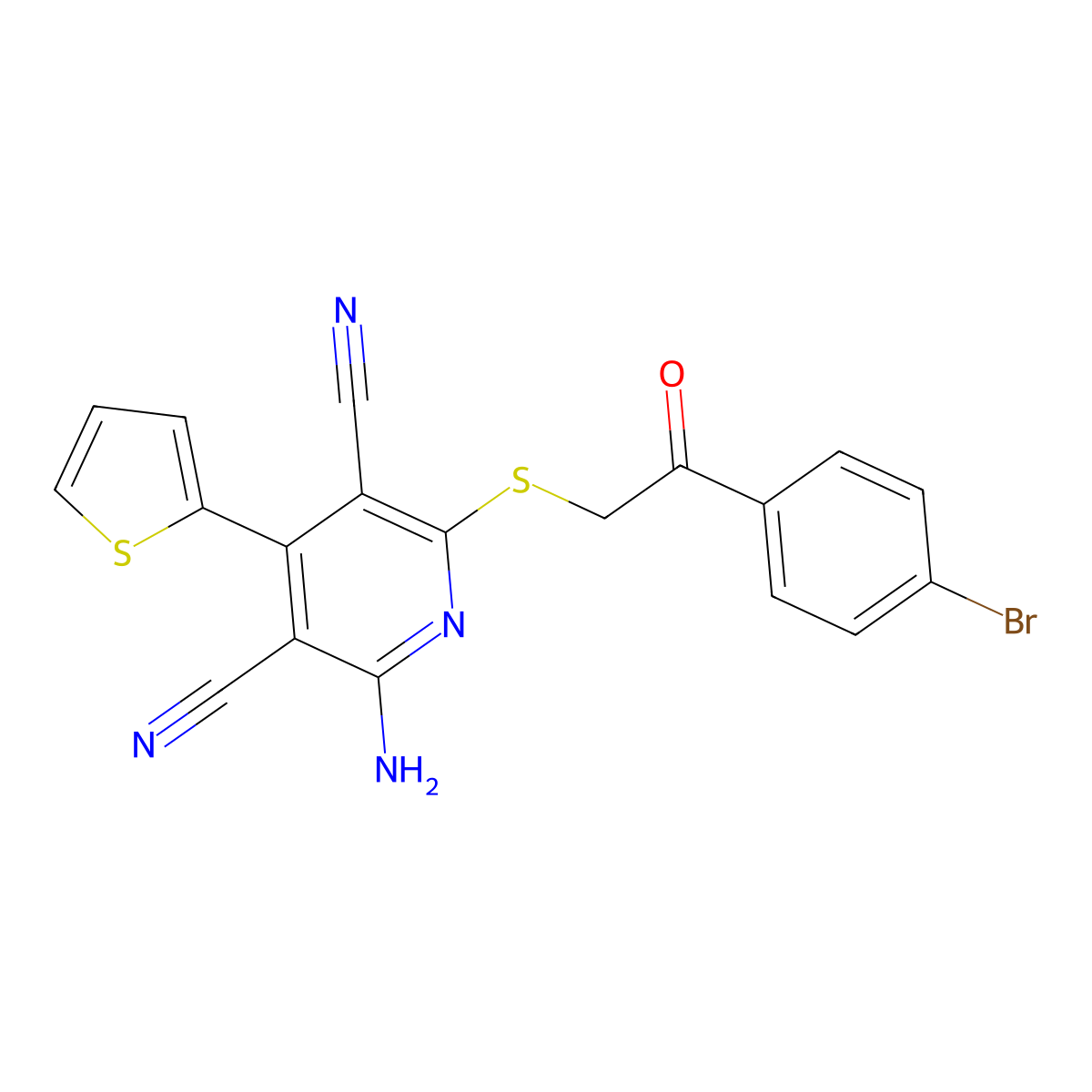 2-Amino-6-((2-(4-bromophenyl)-2-oxoethyl)thio)-4-(thiophen-2-yl)pyridine-3,5-dicarbonitrile molecular structure, CAS 330827-15-1