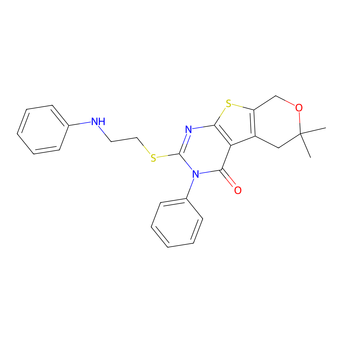 2-(2-Anilinoethylsulfanyl)-6,6-dimethyl-3-phenyl-5,8-dihydropyrano[2,3]thieno[2,4-b]pyrimidin-4-one molecular structure, CAS 330827-21-9