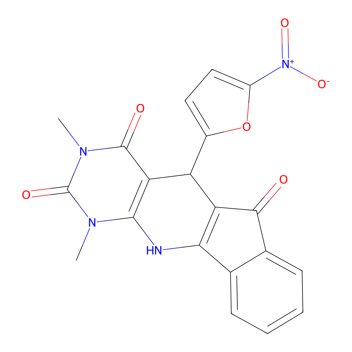 1,3-dimethyl-5-(5-nitro-2-furyl)-5,11-dihydro-1H-indeno[2',1':5,6]pyrido[2,3-d]pyrimidine-2,4,6(3H)-trione molecular structure, CAS 330828-46-1