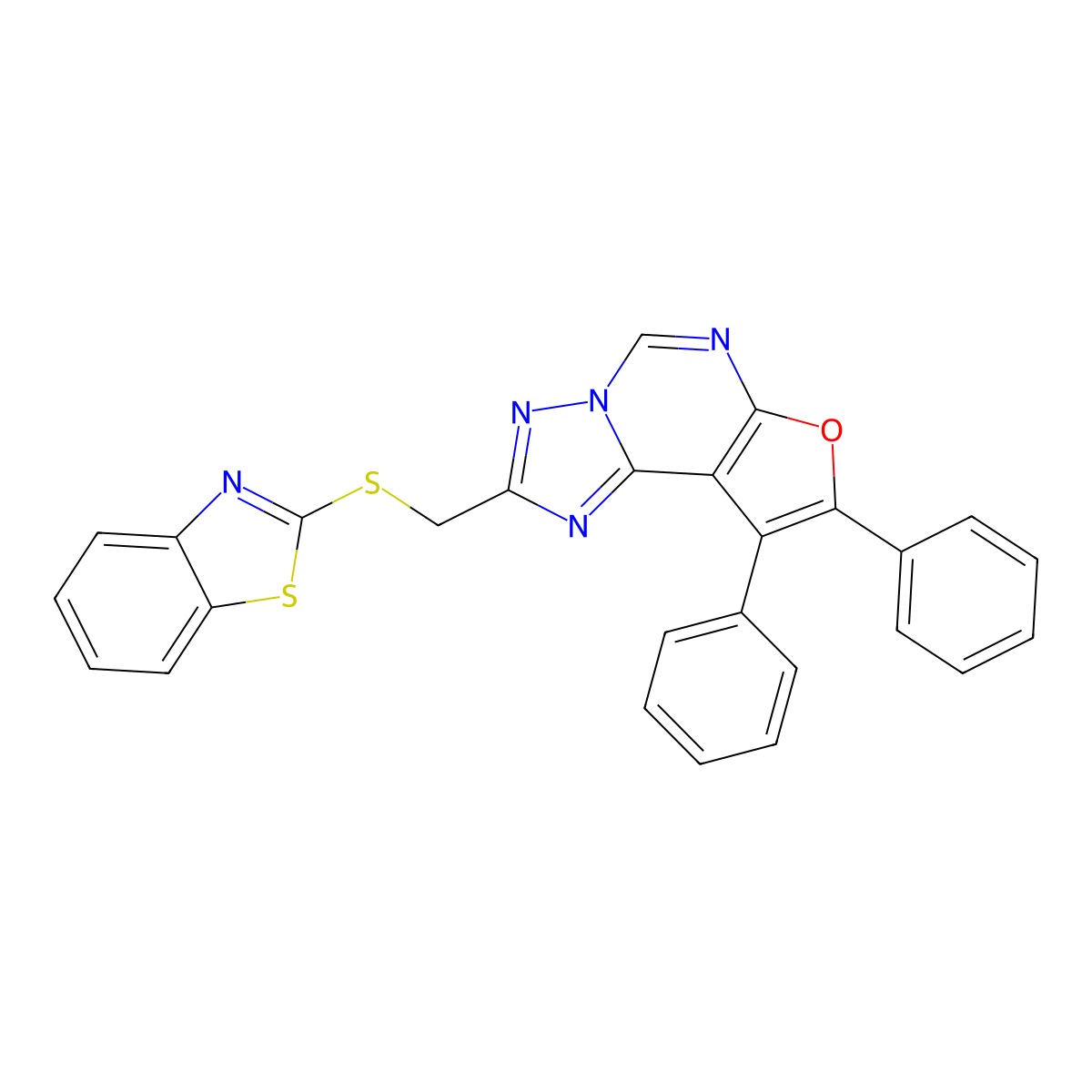 2-((Benzo[d]thiazol-2-ylthio)methyl)-8,9-diphenylfuro[3,2-e][1,2,4]triazolo[1,5-c]pyrimidine molecular structure, CAS 330828-67-6