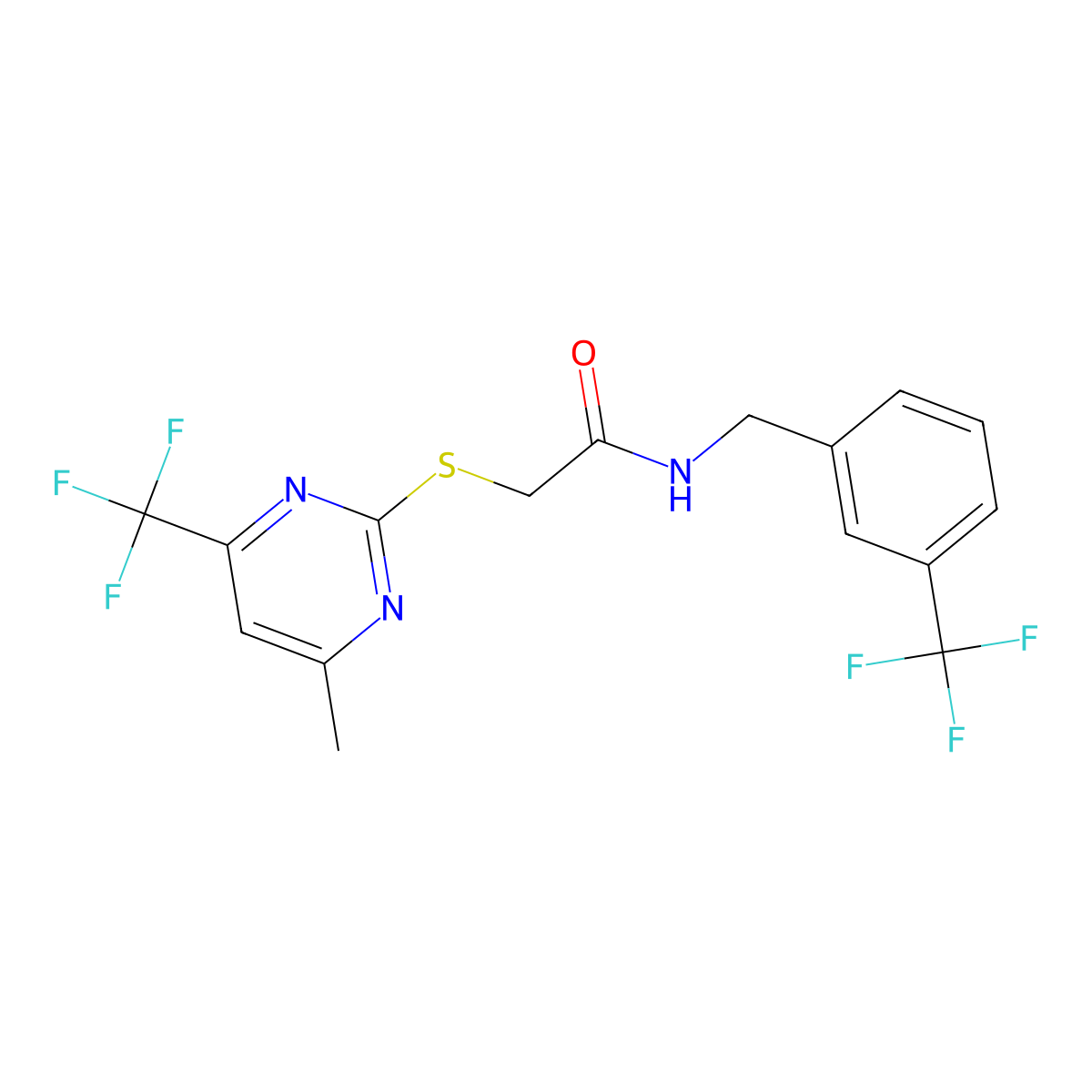2-[4-methyl-6-(trifluoromethyl)pyrimidin-2-yl]sulfanyl-N-[[3-(trifluoromethyl)phenyl]methyl]acetamide molecular structure, CAS 330829-29-3