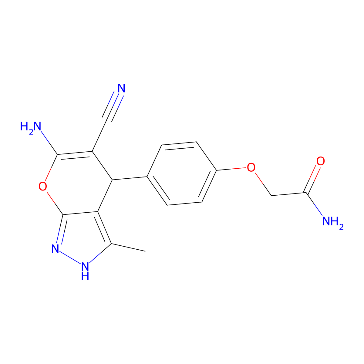 2-[4-(6-Amino-5-cyano-3-methyl-2,4-dihydropyrano[2,3-c]pyrazol-4-yl)phenoxy]acetamide molecular structure, CAS 330832-04-7