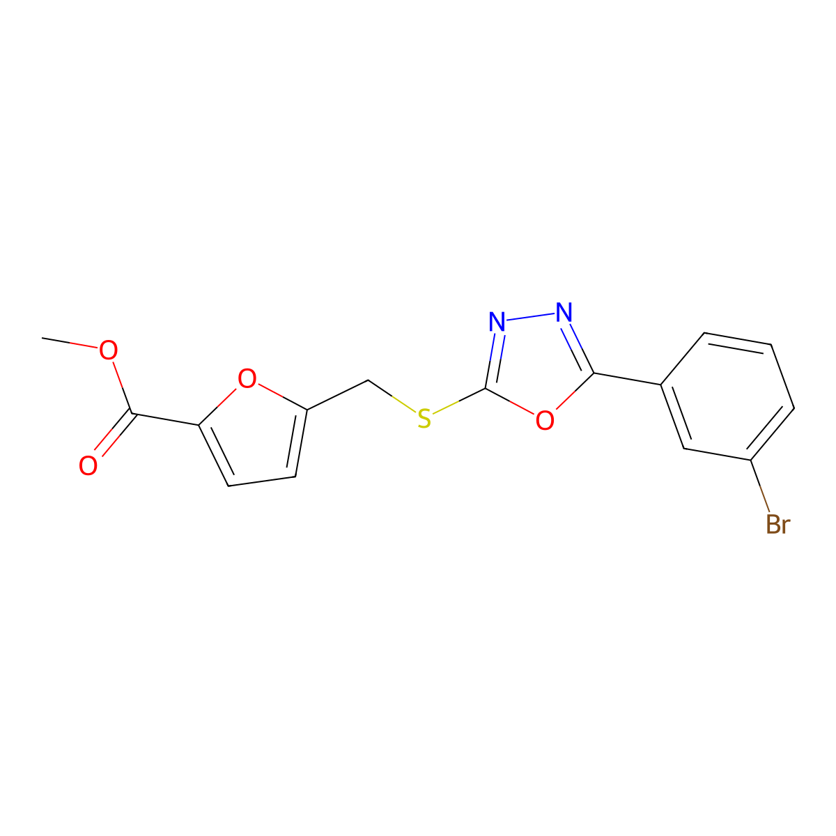 Methyl 5-({[5-(3-bromophenyl)-1,3,4-oxadiazol-2-yl]sulfanyl}methyl)furan-2-carboxylate molecular structure, CAS 330833-45-9