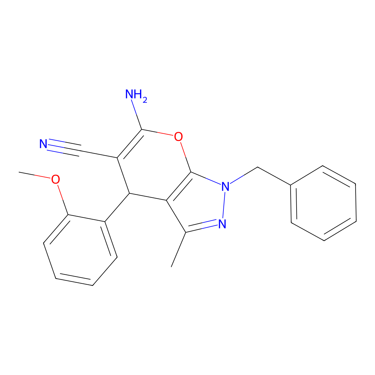 6-Amino-1-benzyl-4-(2-methoxyphenyl)-3-methyl-1,4-dihydropyrano[2,3-c]pyrazole-5-carbonitrile molecular structure, CAS 330833-57-3