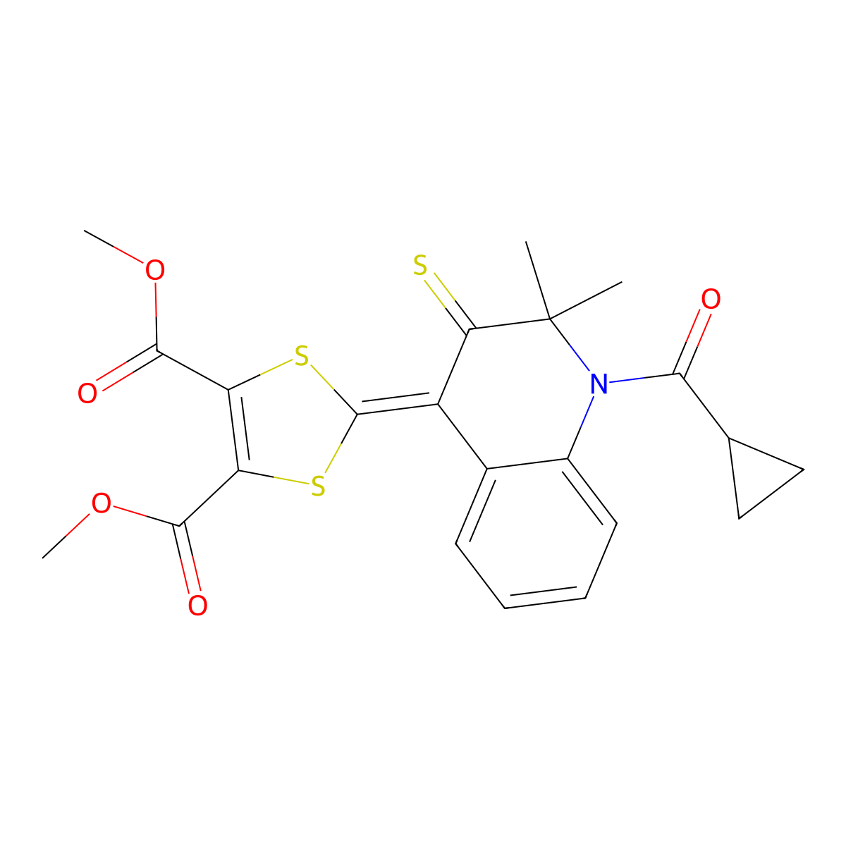 Dimethyl 2-[1-(cyclopropanecarbonyl)-2,2-dimethyl-3-sulfanylidenequinolin-4-ylidene]-1,3-dithiole-4,5-dicarboxylate molecular structure, CAS 330833-97-1