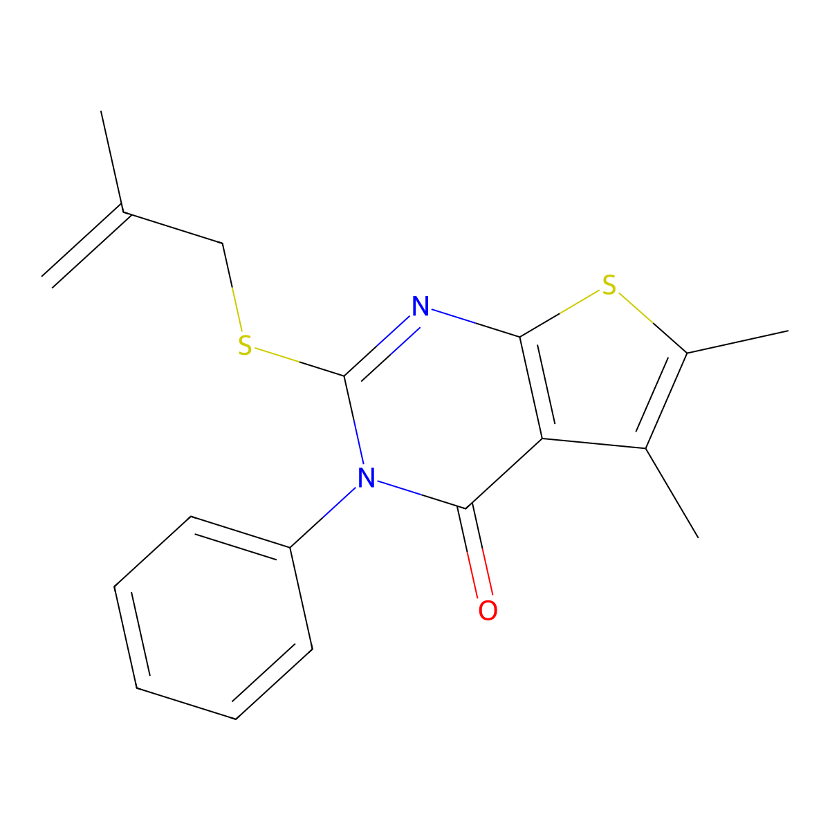 5,6-Dimethyl-2-(2-methylprop-2-enylsulfanyl)-3-phenylthieno[2,3-d]pyrimidin-4-one molecular structure, CAS 330835-50-2