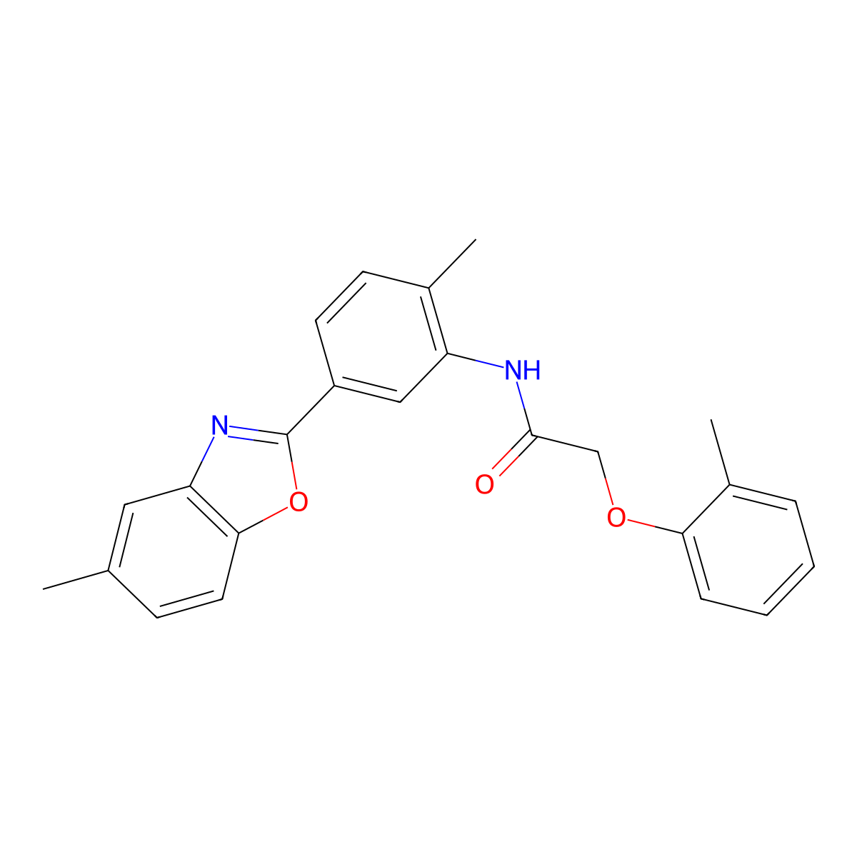 N-[2-methyl-5-(5-methyl-1,3-benzoxazol-2-yl)phenyl]-2-(2-methylphenoxy)acetamide molecular structure, CAS 330835-63-7