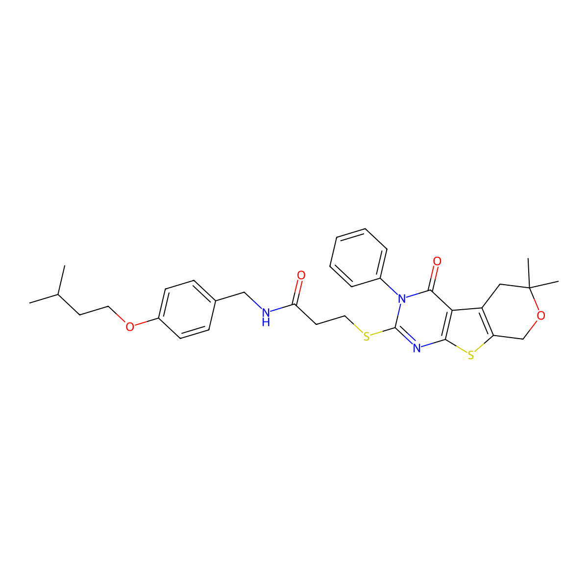 3-((6,6-dimethyl-4-oxo-3-phenyl-4,5,6,8-tetrahydro-3H-pyrano[4',3':4,5]thieno[2,3-d]pyrimidin-2-yl)thio)-N-(4-(isopentyloxy)benzyl)propanamide molecular structure, CAS 330836-24-3