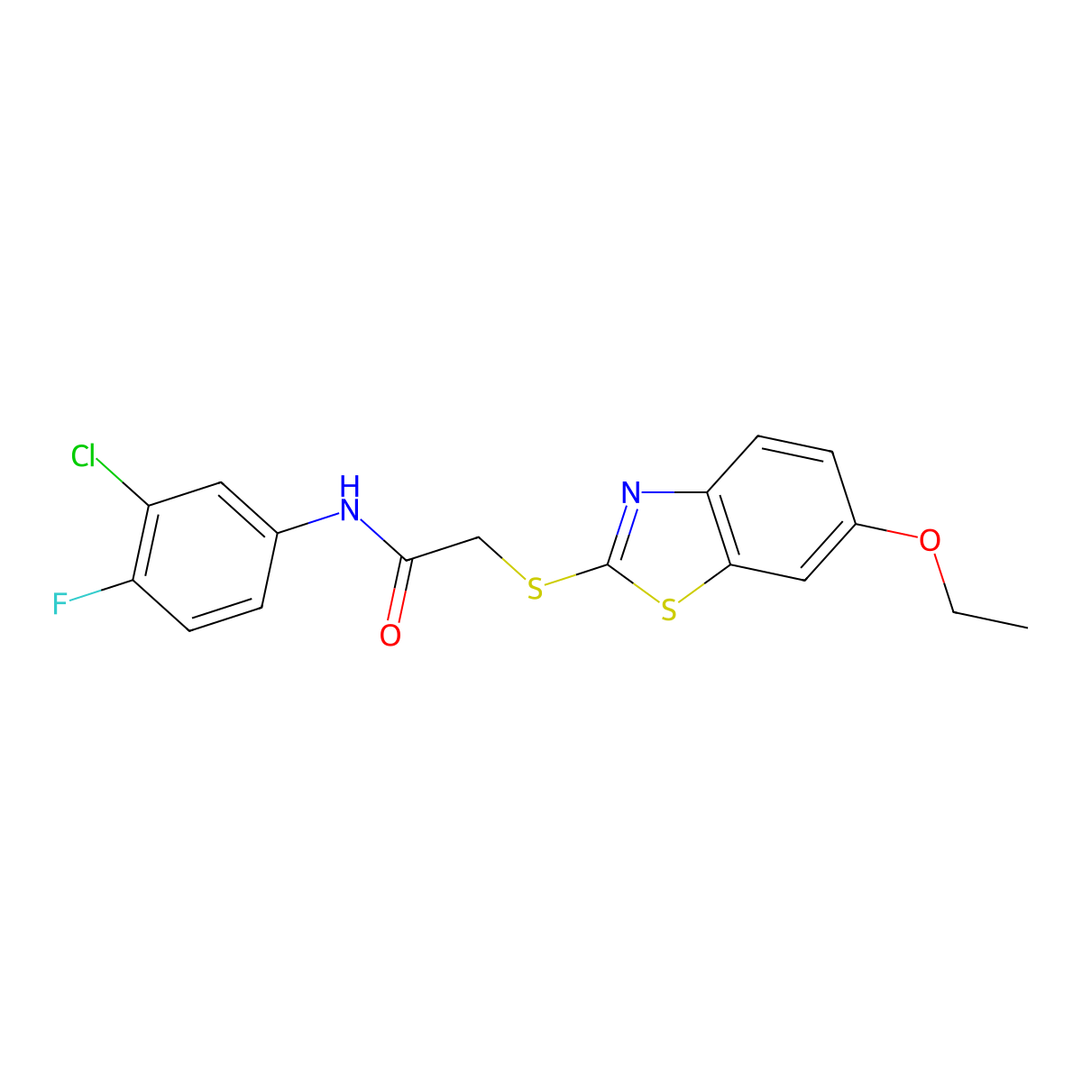 N-(3-chloro-4-fluorophenyl)-2-[(6-ethoxy-1,3-benzothiazol-2-yl)sulfanyl]acetamide molecular structure, CAS 330836-38-9