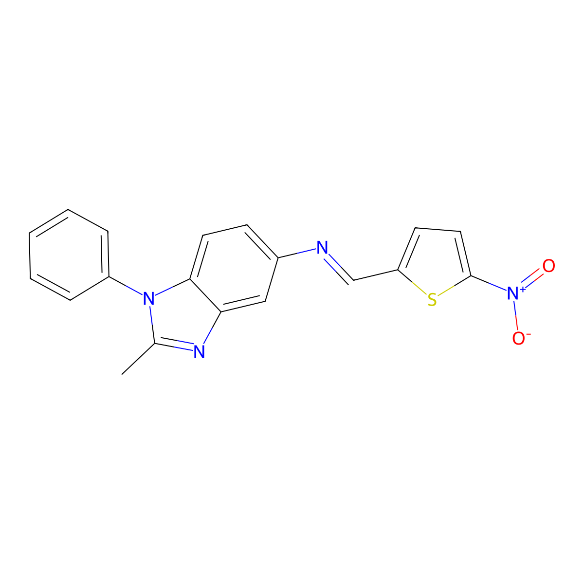 N-(2-methyl-1-phenylbenzimidazol-5-yl)-1-(5-nitrothiophen-2-yl)methanimine molecular structure, CAS 330836-72-1