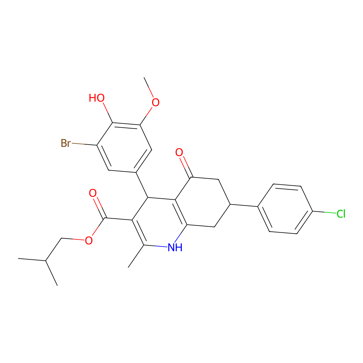 2-methylpropyl 4-(3-bromo-4-hydroxy-5-methoxyphenyl)-7-(4-chlorophenyl)-2-methyl-5-oxo-4,6,7,8-tetrahydro-1H-quinoline-3-carboxylate molecular structure, CAS 330848-42-5