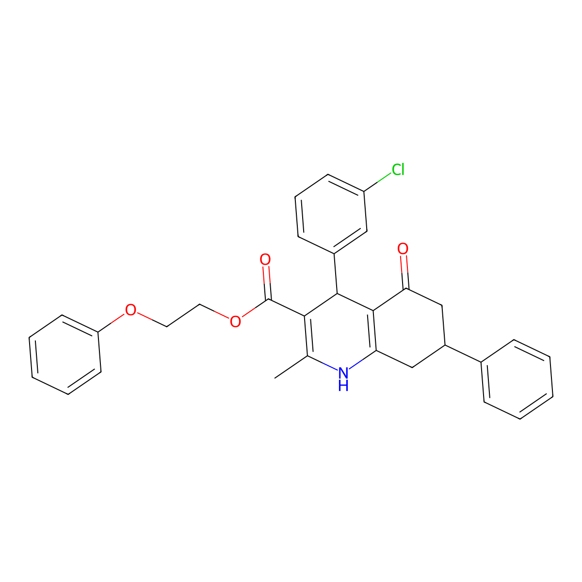 2-Phenoxyethyl 4-(3-chlorophenyl)-2-methyl-5-oxo-7-phenyl-1,4,5,6,7,8-hexahydroquinoline-3-carboxylate molecular structure, CAS 330848-54-9