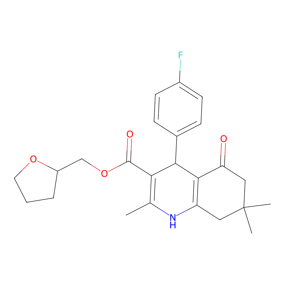 Tetrahydrofuran-2-ylmethyl 4-(4-fluorophenyl)-2,7,7-trimethyl-5-oxo-1,4,5,6,7,8-hexahydroquinoline-3-carboxylate molecular structure, CAS 330848-70-9