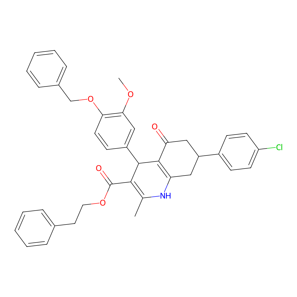 2-Phenylethyl 4-[4-(benzyloxy)-3-methoxyphenyl]-7-(4-chlorophenyl)-2-methyl-5-oxo-1,4,5,6,7,8-hexahydroquinoline-3-carboxylate molecular structure, CAS 330848-88-9