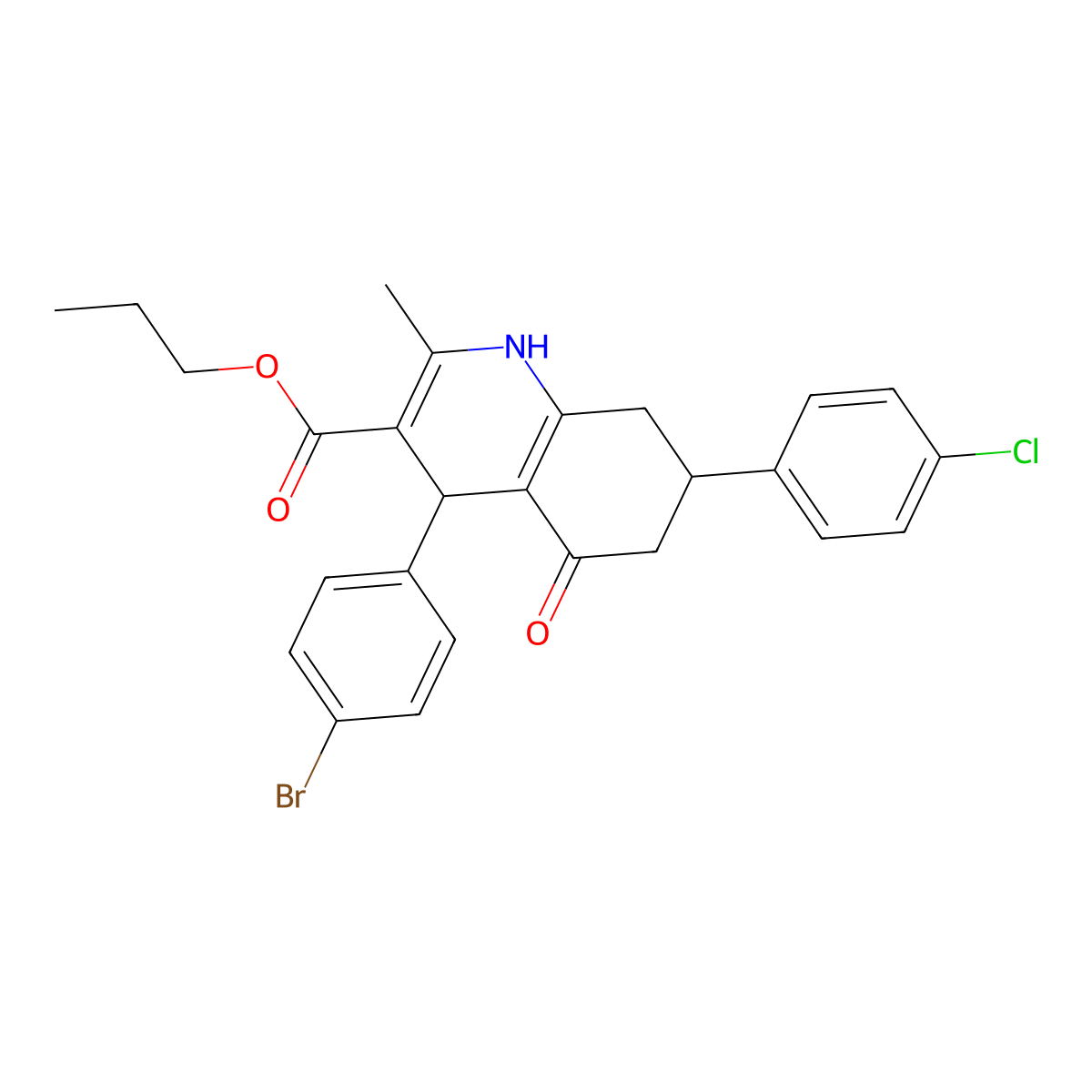 Propyl 4-(4-bromophenyl)-7-(4-chlorophenyl)-2-methyl-5-oxo-1,4,5,6,7,8-hexahydroquinoline-3-carboxylate molecular structure, CAS 330850-73-2