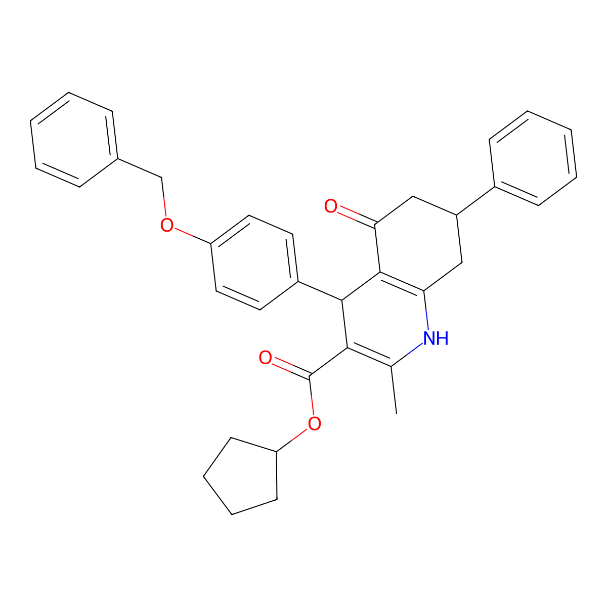 cyclopentyl 2-methyl-5-oxo-7-phenyl-4-(4-phenylmethoxyphenyl)-4,6,7,8-tetrahydro-1H-quinoline-3-carboxylate molecular structure, CAS 330850-81-2