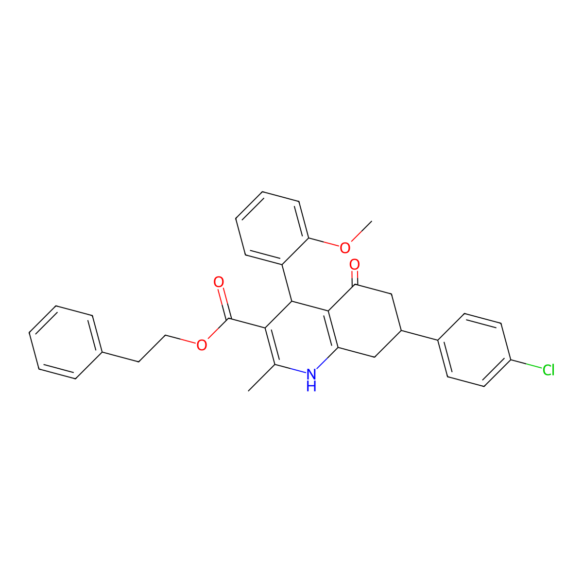 2-Phenylethyl 7-(4-chlorophenyl)-4-(2-methoxyphenyl)-2-methyl-5-oxo-1,4,5,6,7,8-hexahydroquinoline-3-carboxylate molecular structure, CAS 330850-82-3