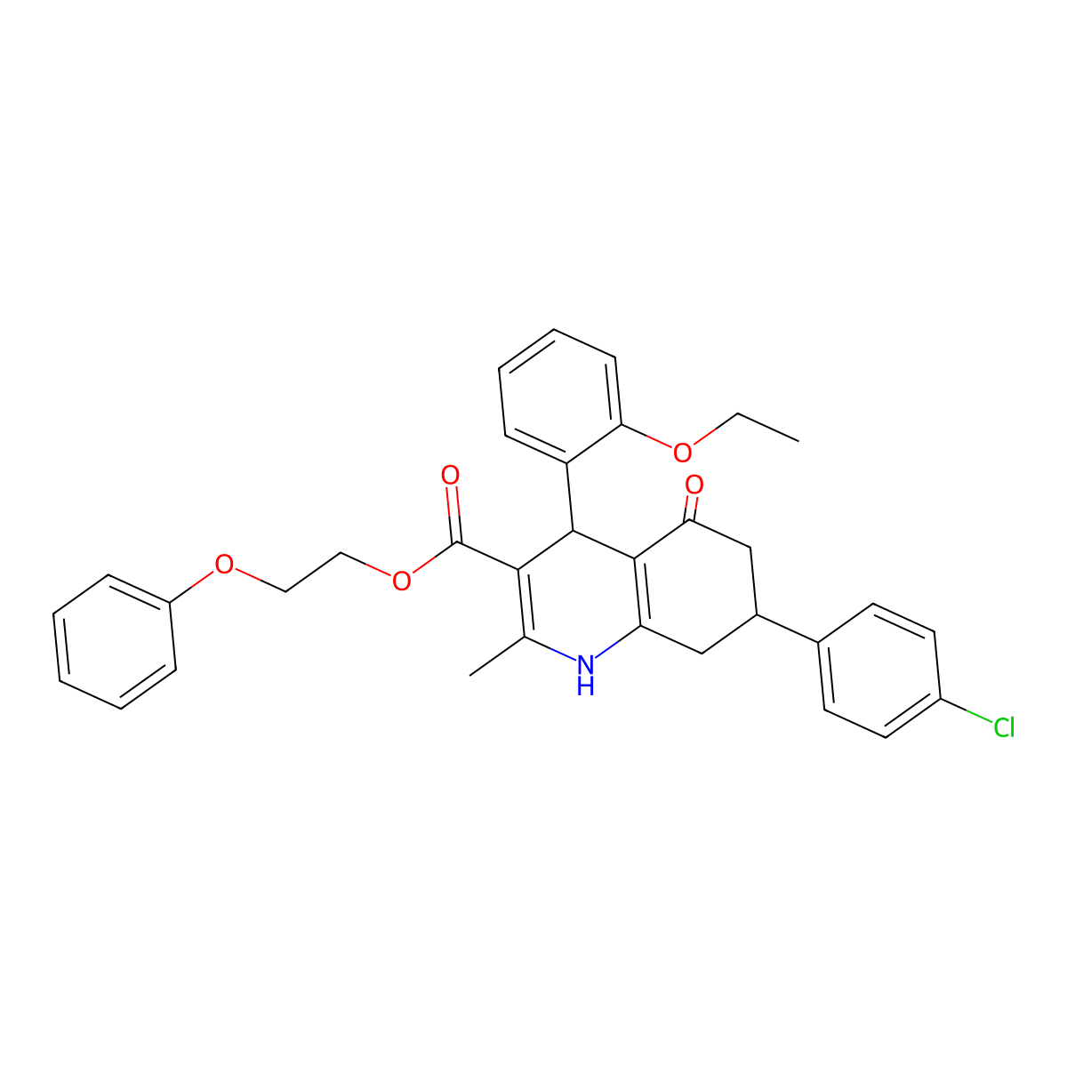 2-phenoxyethyl 7-(4-chlorophenyl)-4-(2-ethoxyphenyl)-2-methyl-5-oxo-4,6,7,8-tetrahydro-1H-quinoline-3-carboxylate molecular structure, CAS 330850-84-5