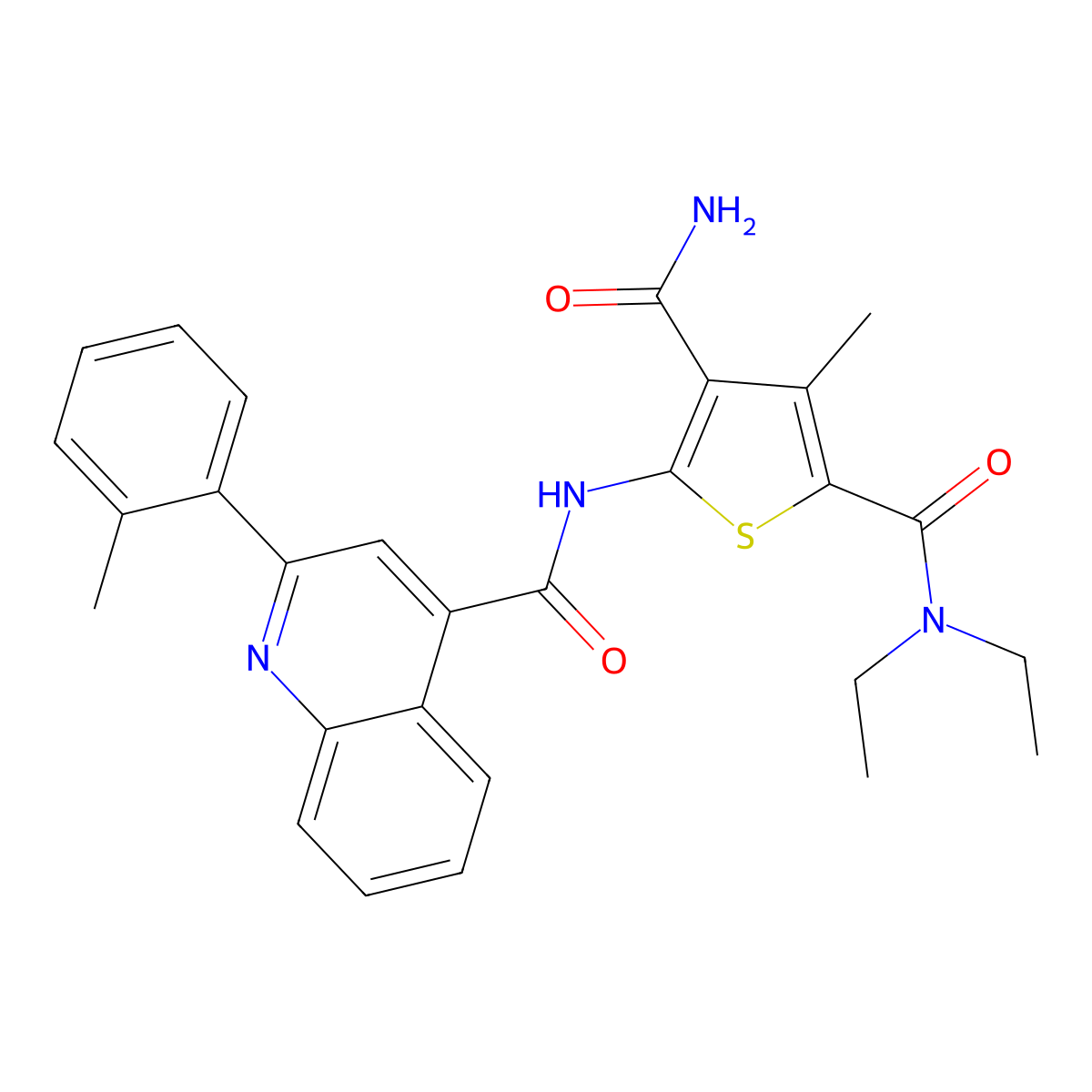 2-N,2-N-diethyl-3-methyl-5-[[2-(2-methylphenyl)quinoline-4-carbonyl]amino]thiophene-2,4-dicarboxamide molecular structure, CAS 330852-18-1