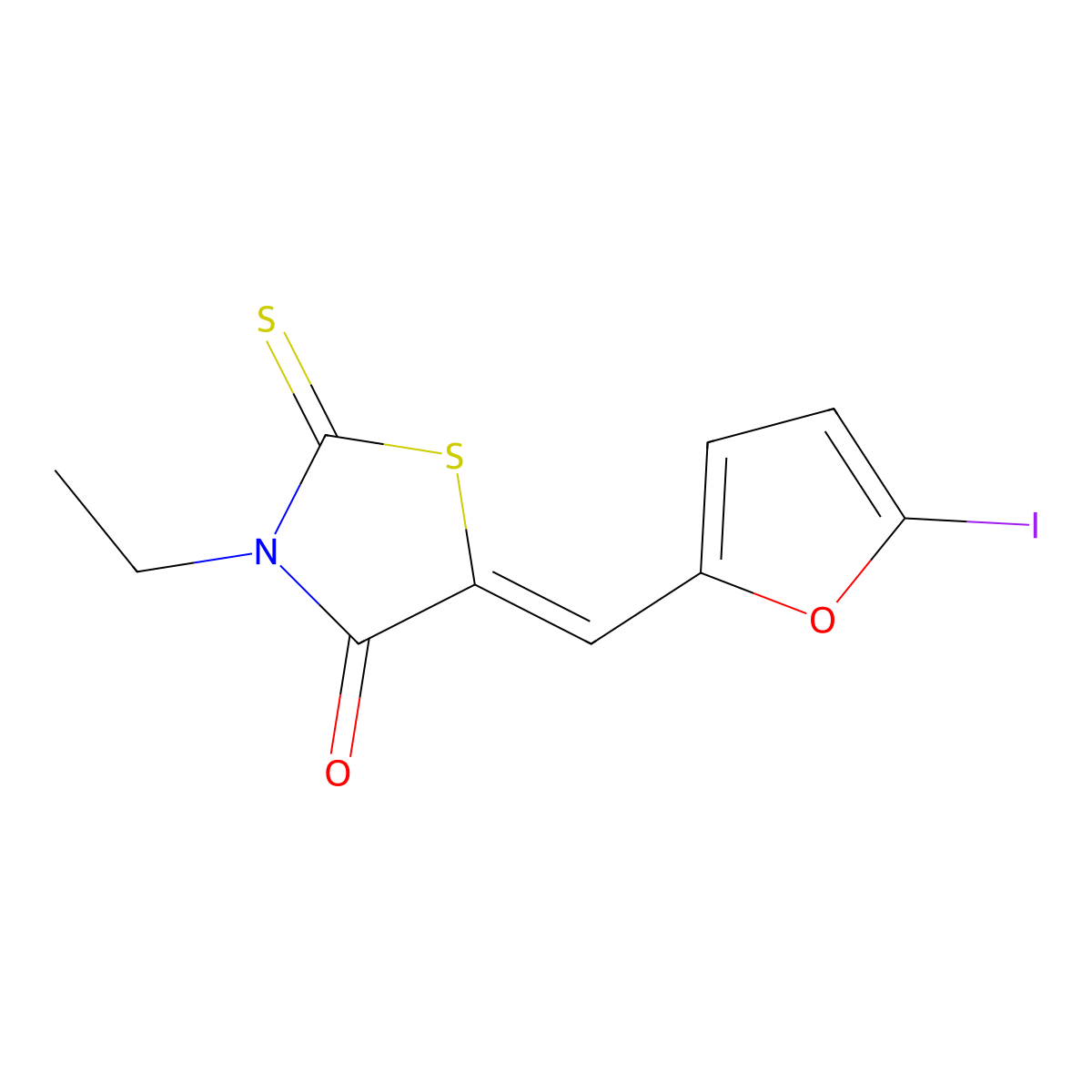 (5Z)-3-ethyl-5-[(5-iodo-2-furyl)methylene]-2-thioxo-1,3-thiazolidin-4-one molecular structure, CAS 330855-07-7