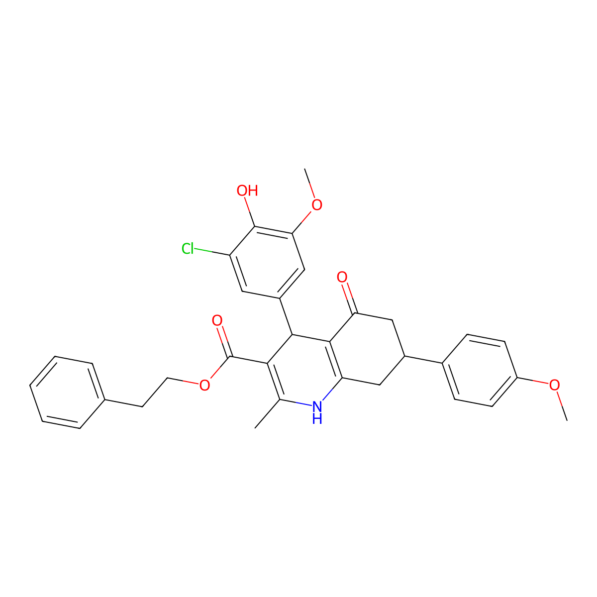 2-Phenylethyl 4-(3-chloro-4-hydroxy-5-methoxyphenyl)-7-(4-methoxyphenyl)-2-methyl-5-oxo-1,4,5,6,7,8-hexahydroquinoline-3-carboxylate molecular structure, CAS 330952-14-2