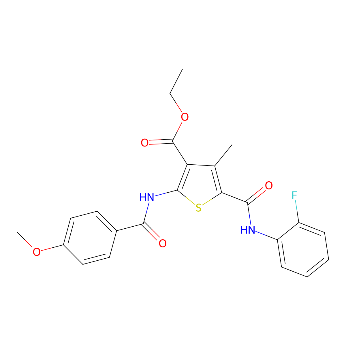 Ethyl 5-[(2-fluorophenyl)carbamoyl]-2-(4-methoxybenzamido)-4-methylthiophene-3-carboxylate molecular structure, CAS 330952-28-8