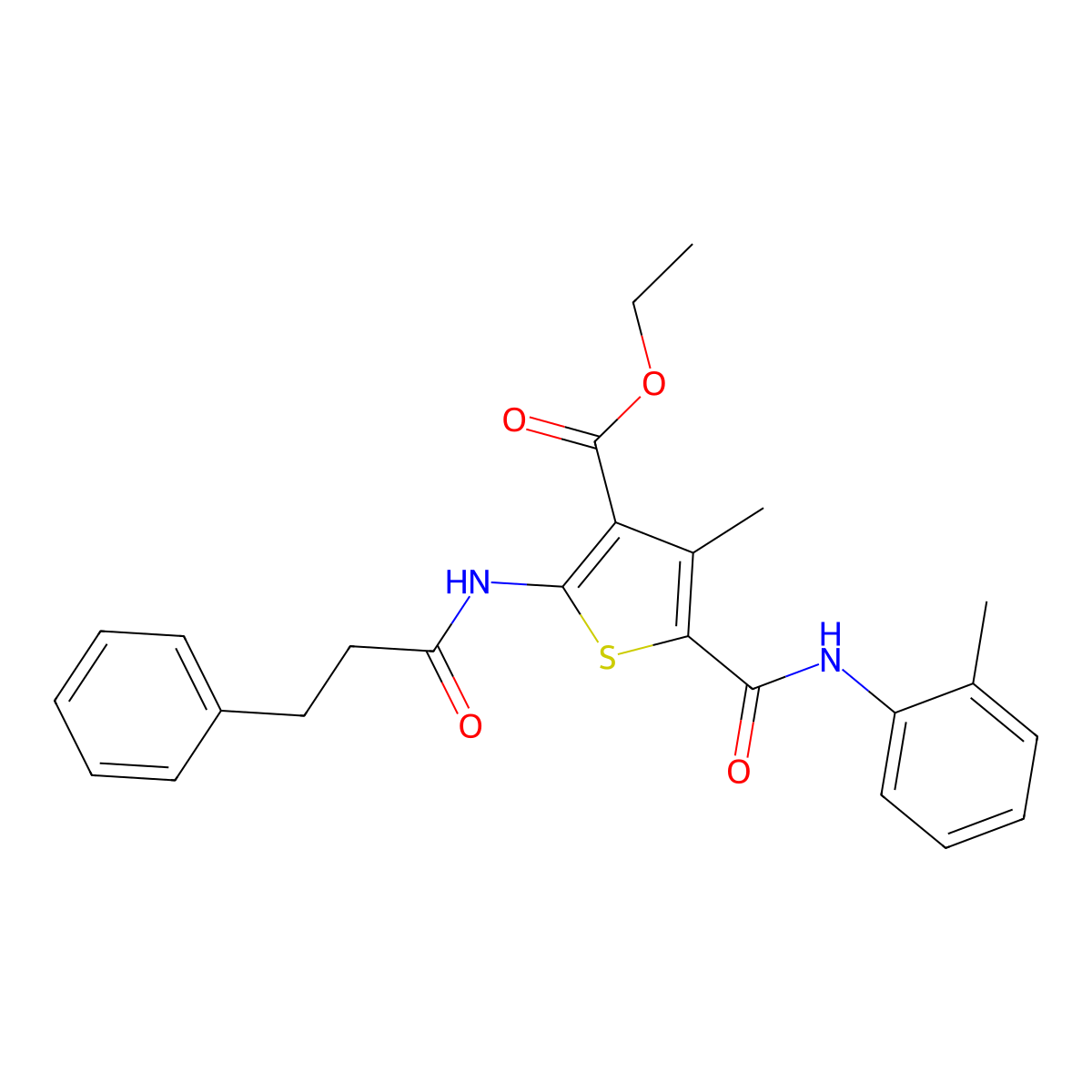 Ethyl 4-methyl-5-[(2-methylphenyl)carbamoyl]-2-(3-phenylpropanamido)thiophene-3-carboxylate molecular structure, CAS 330952-32-4