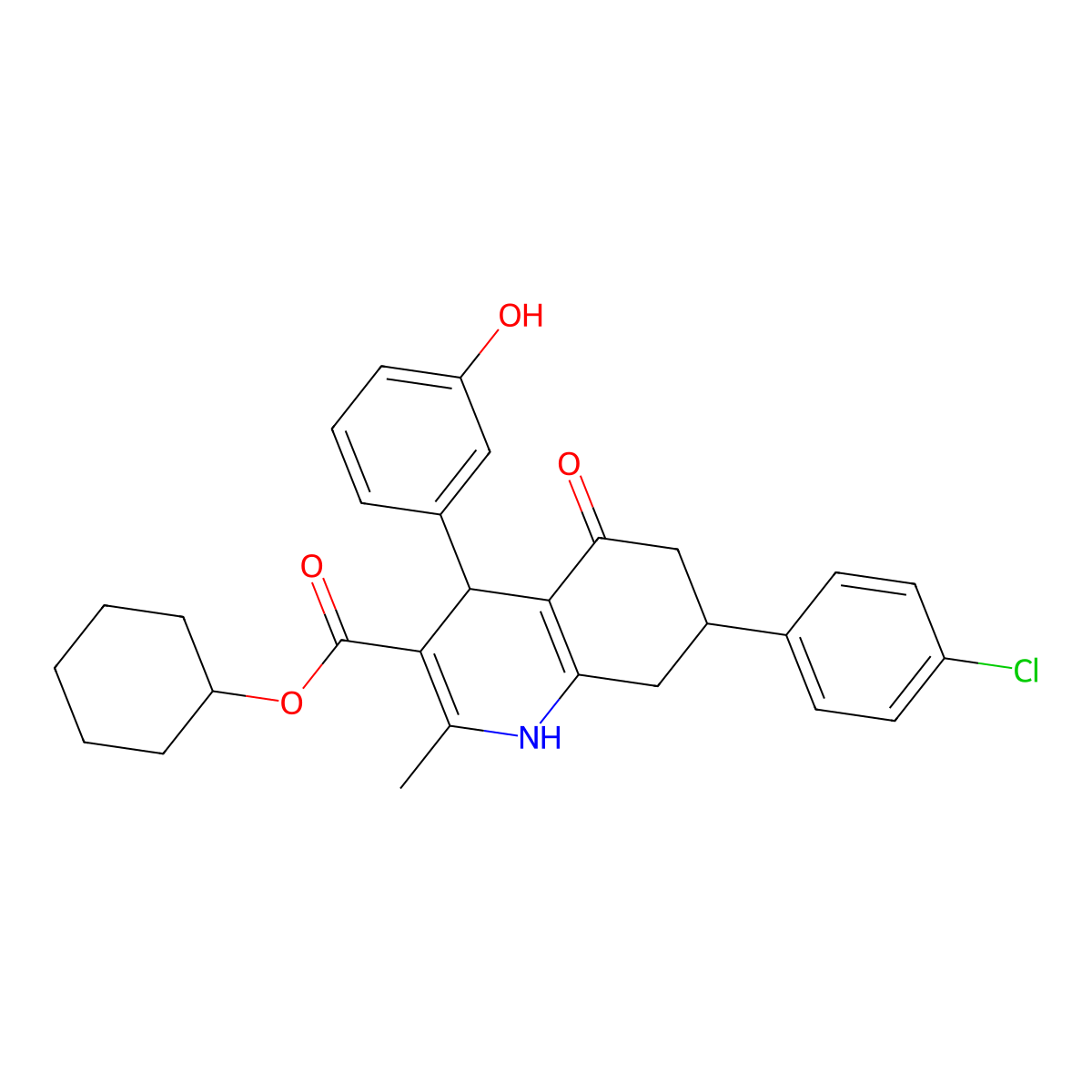 Cyclohexyl 7-(4-chlorophenyl)-4-(3-hydroxyphenyl)-2-methyl-5-oxo-1,4,5,6,7,8-hexahydroquinoline-3-carboxylate molecular structure, CAS 330952-38-0