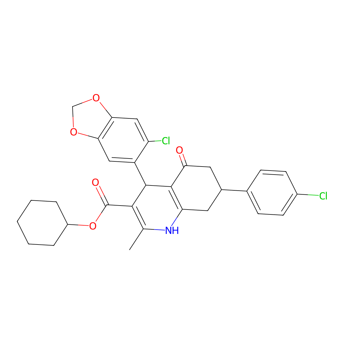 Cyclohexyl 4-(6-chloro-1,3-benzodioxol-5-yl)-7-(4-chlorophenyl)-2-methyl-5-oxo-1,4,5,6,7,8-hexahydroquinoline-3-carboxylate molecular structure, CAS 330952-39-1