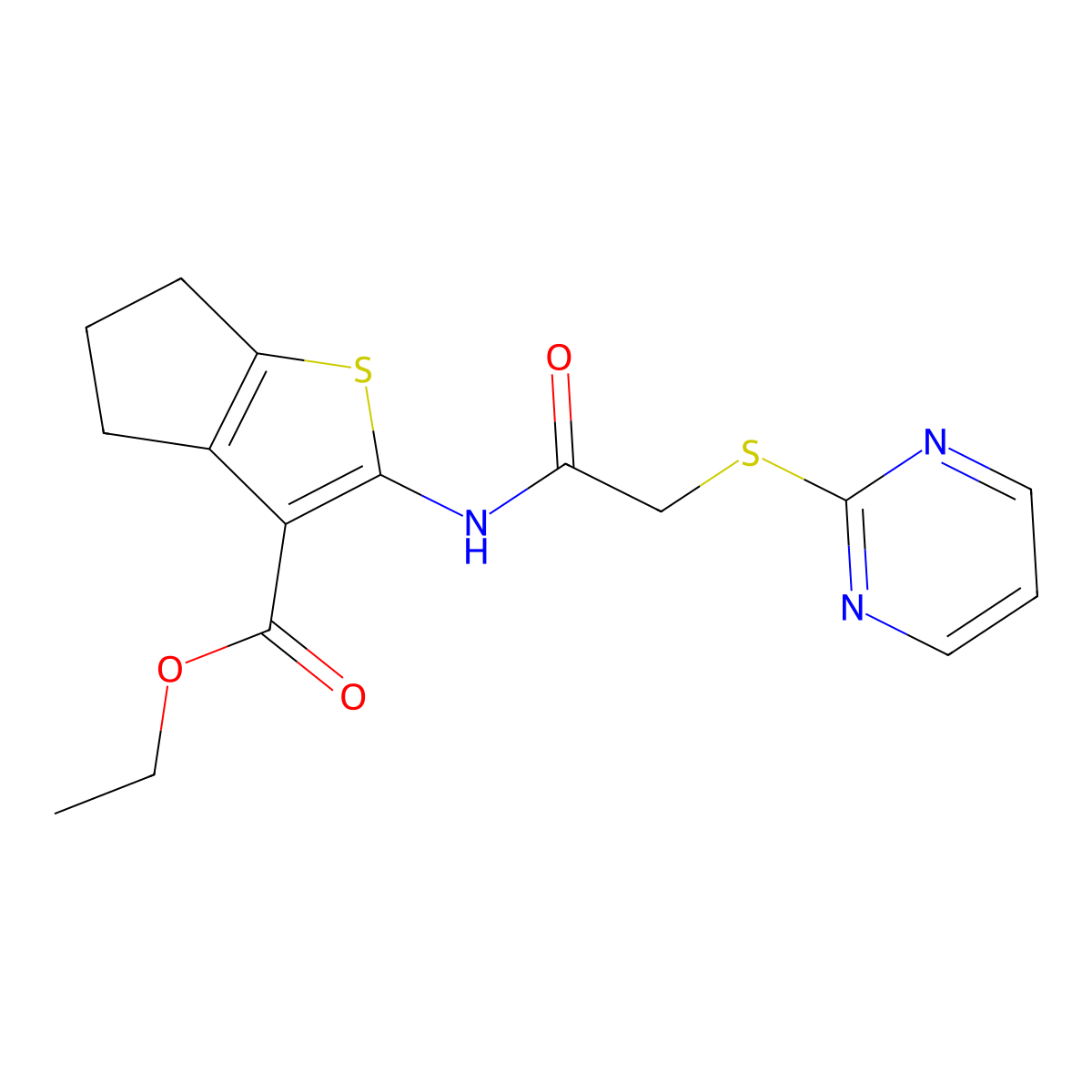 ethyl 2-{[(2-pyrimidinylsulfanyl)acetyl]amino}-5,6-dihydro-4H-cyclopenta[b]thiophene-3-carboxylate molecular structure, CAS 330955-77-6