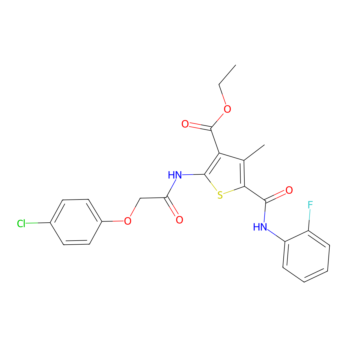Ethyl 2-[2-(4-chlorophenoxy)acetamido]-5-[(2-fluorophenyl)carbamoyl]-4-methylthiophene-3-carboxylate molecular structure, CAS 330957-17-0
