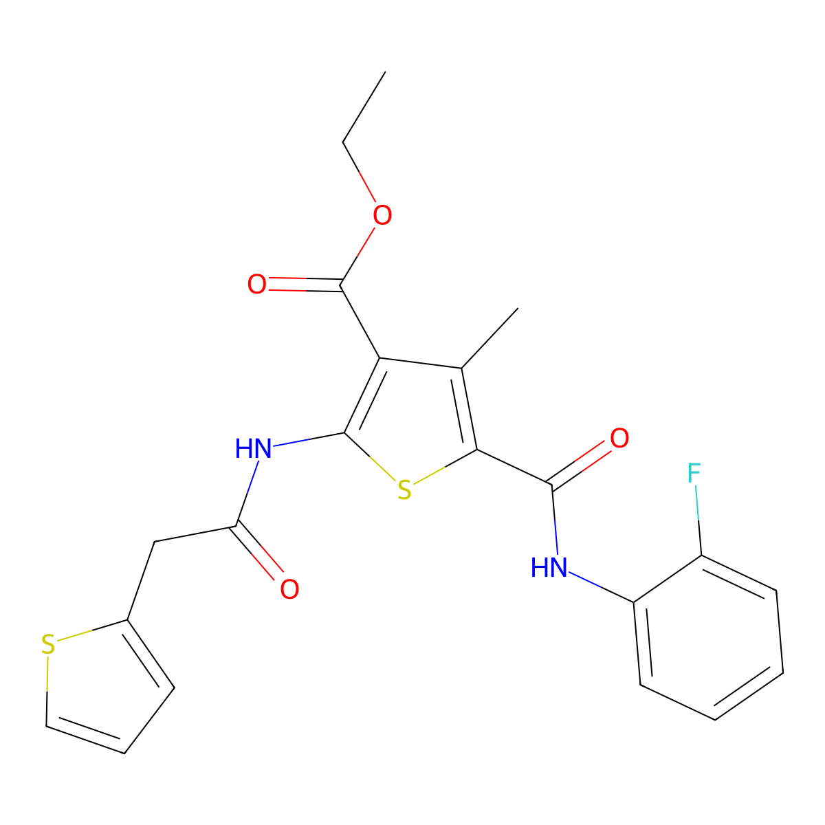 Ethyl 5-[(2-fluorophenyl)carbamoyl]-4-methyl-2-[2-(thiophen-2-yl)acetamido]thiophene-3-carboxylate molecular structure, CAS 330957-18-1