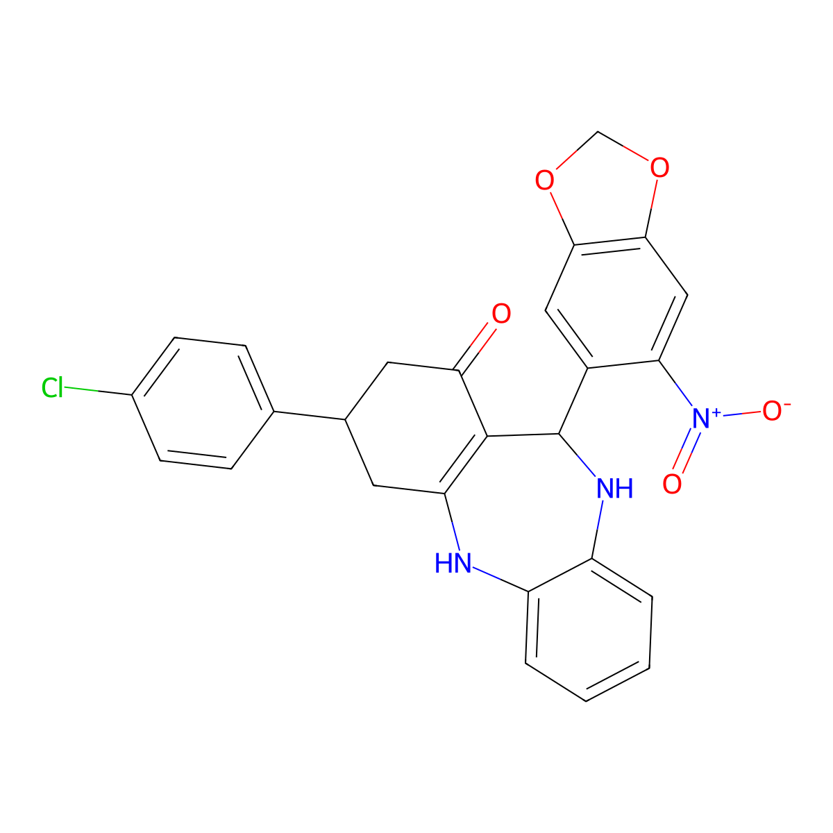 9-(4-Chlorophenyl)-6-(6-nitro-1,3-benzodioxol-5-yl)-5,6,8,9,10,11-hexahydrobenzo[b][1,4]benzodiazepin-7-one molecular structure, CAS 330957-26-1