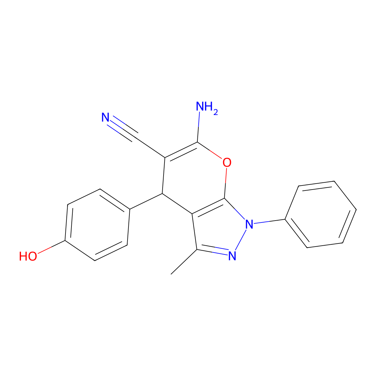 6-Amino-4-(4-hydroxyphenyl)-3-methyl-1-phenyl-1,4-dihydropyrano[2,3-c]pyrazole-5-carbonitrile molecular structure, CAS 330957-86-3