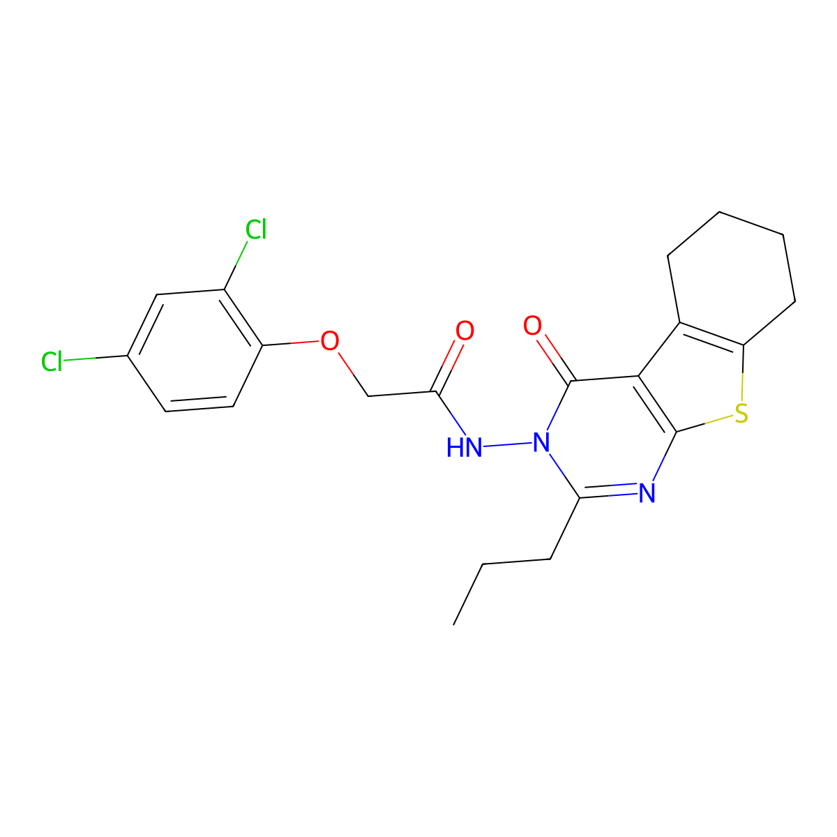 2-(2,4-dichlorophenoxy)-N-(4-oxo-2-propyl-5,6,7,8-tetrahydro-[1]benzothiolo[2,3-d]pyrimidin-3-yl)acetamide molecular structure, CAS 330971-09-0