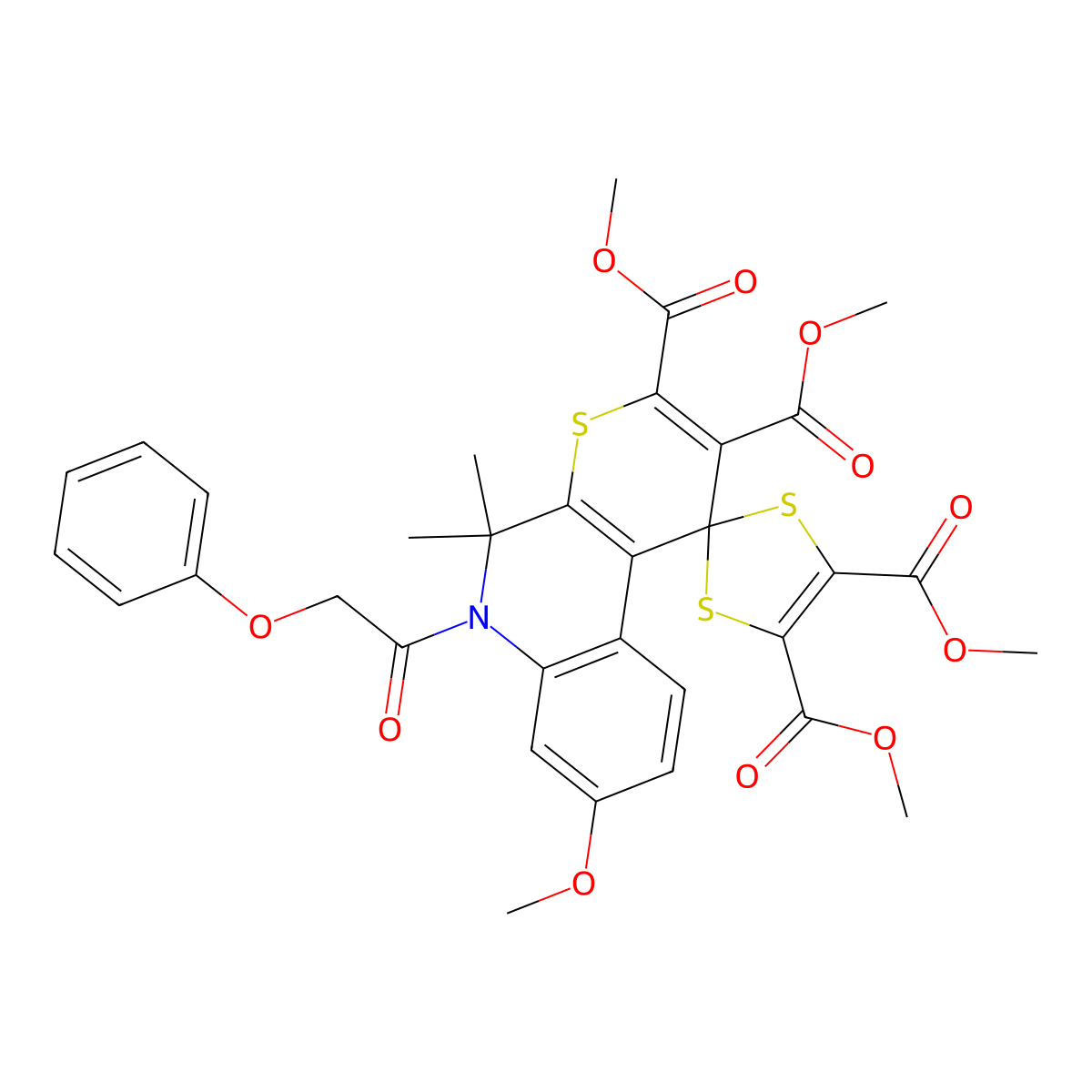 tetramethyl 8-methoxy-5,5-dimethyl-6-(phenoxyacetyl)-5,6-dihydrospiro(1H-thiopyrano[2,3-c]quinoline-1,2'-[1,3]-dithiole)-2,3,4',5'-tetracarboxylate molecular structure, CAS 330979-24-3