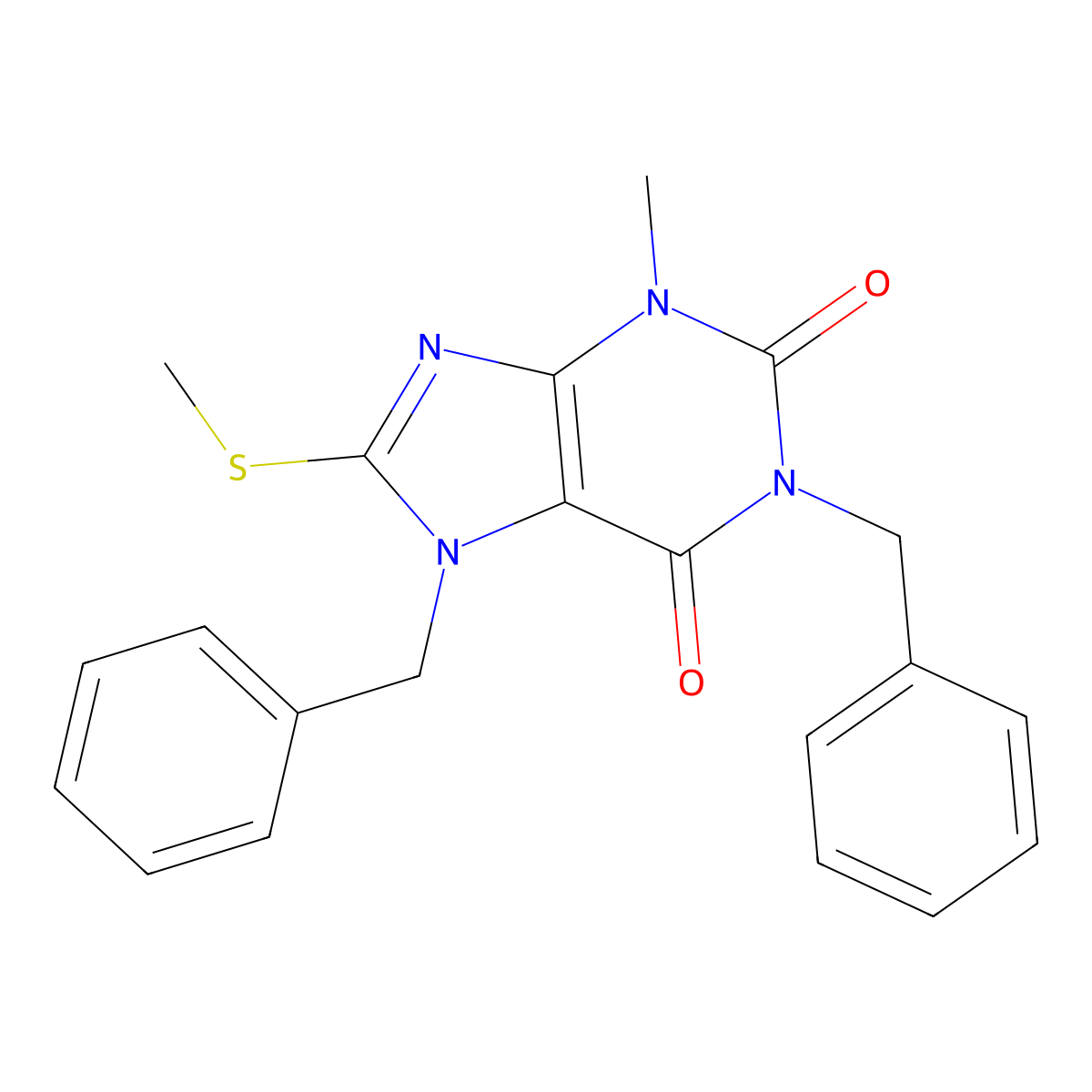 1,7-dibenzyl-3-methyl-8-(methylsulfanyl)-3,7-dihydro-1H-purine-2,6-dione molecular structure, CAS 330990-57-3